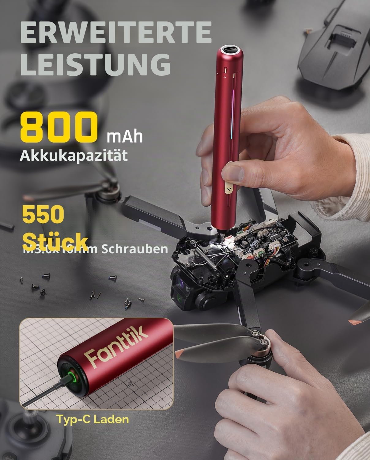 Detalle 2 de Fanttik E2 Ultra 3.7V Mini Elektro Schraubendreher Set – 50-in-1 Präzisionsschrauber mit 0,6 Nm, ROT