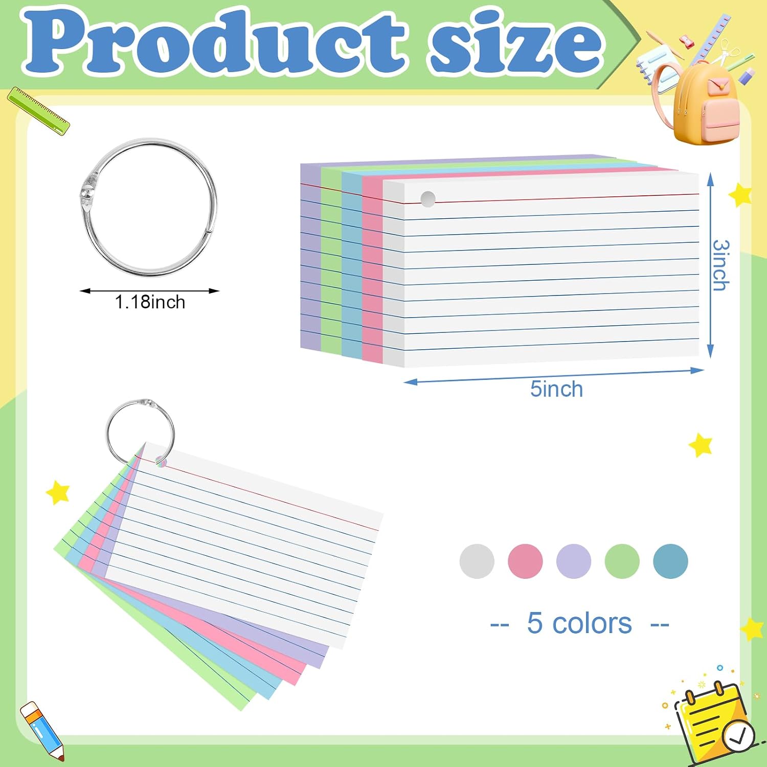 Detalle 2 de YAGUAO 3x5 Index Cards, 250 Count, 5 Colors, Ruled, 180gsm