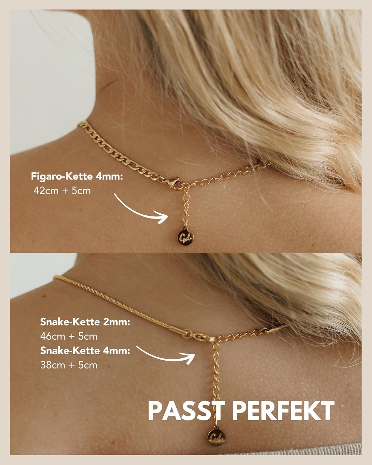 Detalle 2 de Layering Kette – Wasserfestes 3er Ketten-Set in 18K Gold, Roségold oder Silber (316L Edelstahl) – Verstellbare Figaro- und Schlangenkette