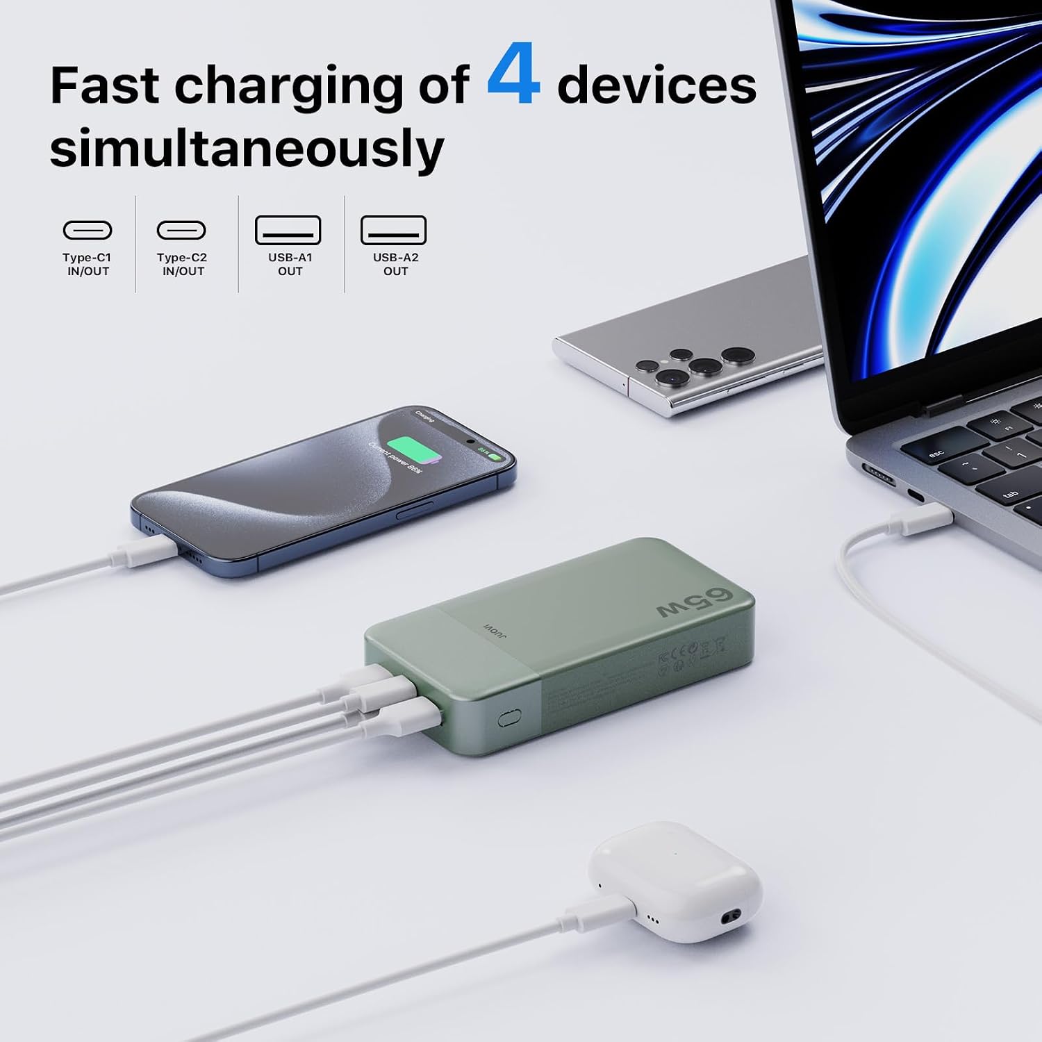 Detalle 2 de JUOVI 65W Power Bank Fast Charging (20000mAh) – 65W laptop charger with USB‑C & USB‑A ports