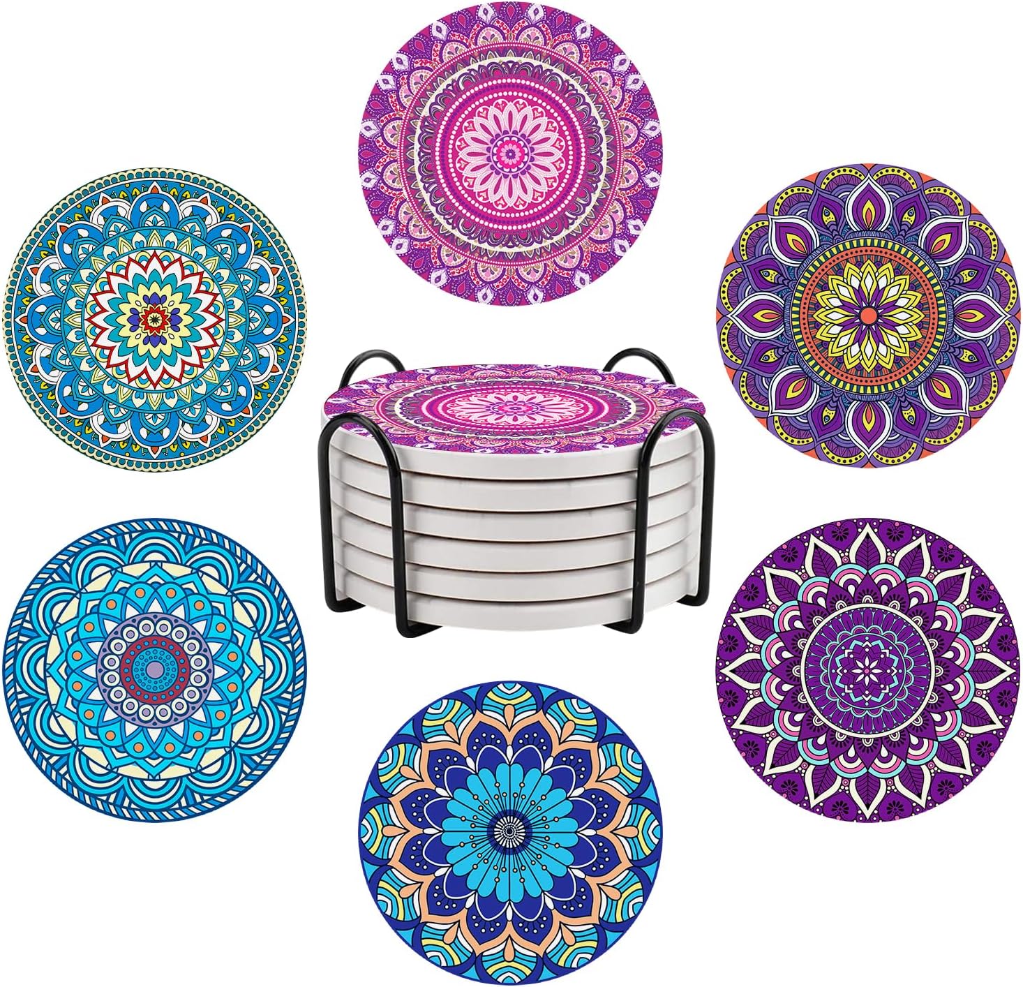 Detalle de Bohemia Mandala Ceramic Coasters, Set of 6 with Metal Holder