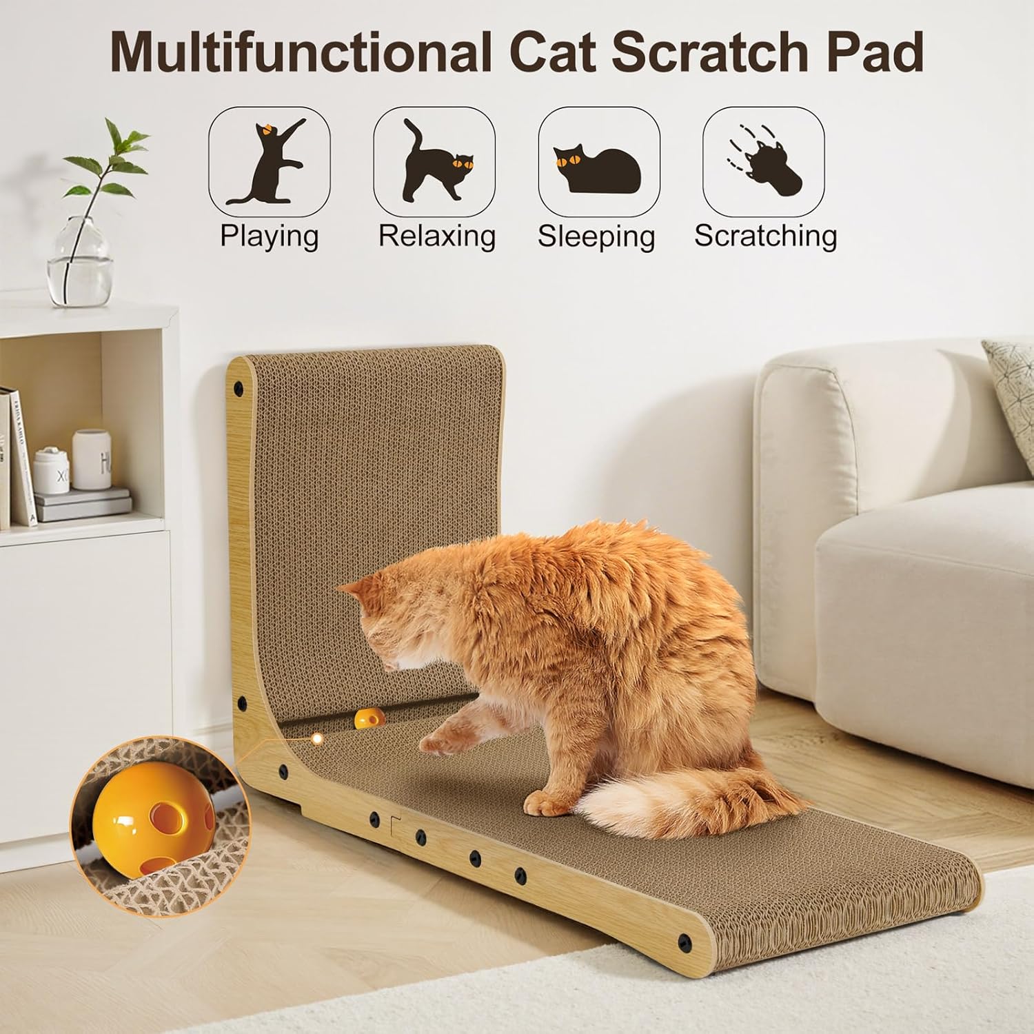 Thumbnail 4 de Gimars griffoir pour chat en carton ondulé en forme de L (68 cm) avec boules en peluche