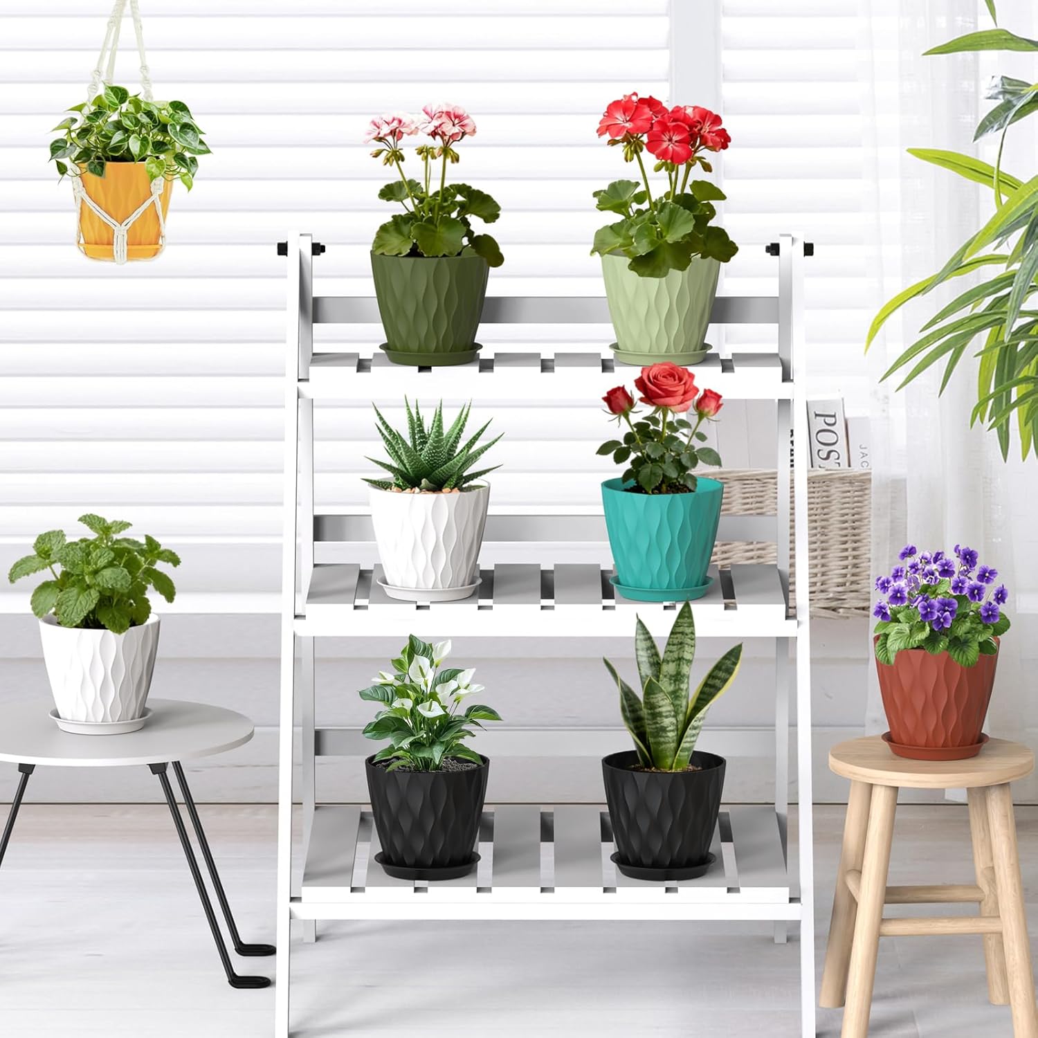 Thumbnail 4 de WSMKSZ 20 cm Wave Texture Plant Pots (5-Pack) with Drainage Holes & Saucers