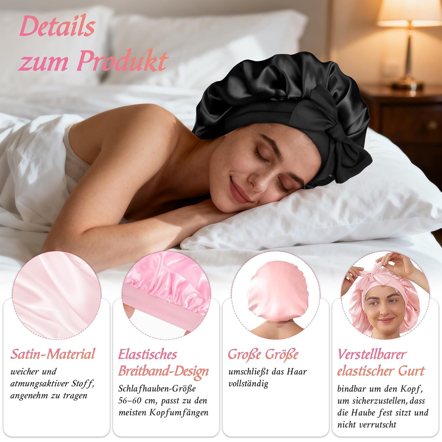Detalle de 2er Set Seidenhaube zum Schlafen mit 2 Haargummis – Verstellbare Satin Haarhaube mit Elastikbund