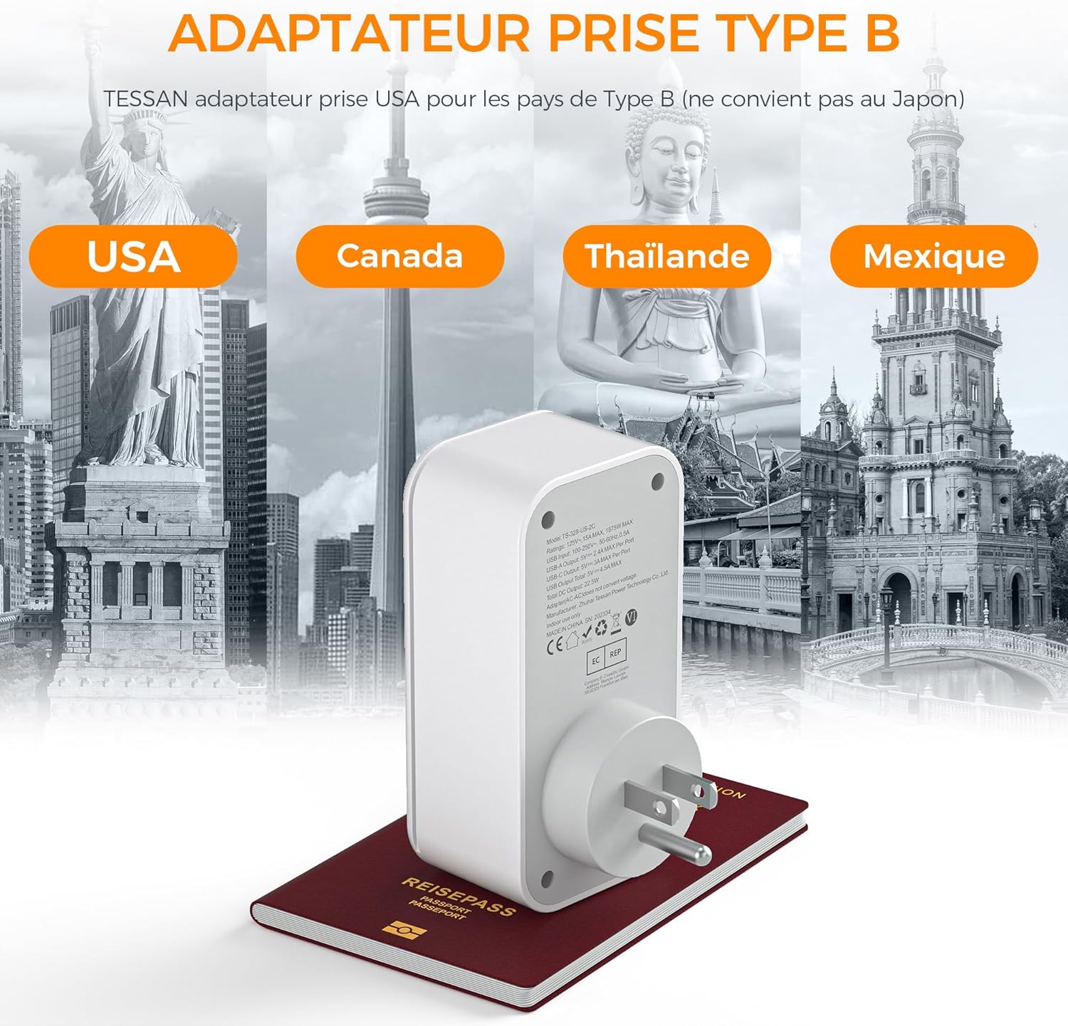 Thumbnail 3 de TESSAN Adaptateur prise USA 6 en 1 (Type B) avec 2 USB‑C et 2 USB‑A – compatible Canada, Mexique, Thaïlande et plus