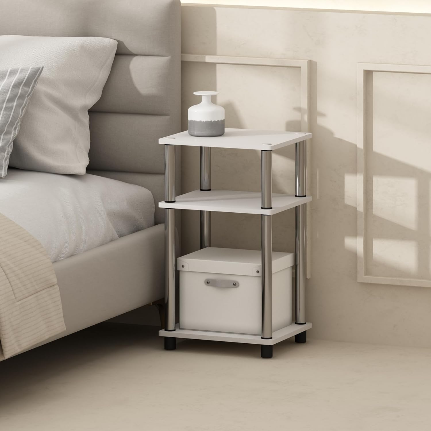 Thumbnail 3 de Furinno JUST Set di 2 Comodini Turn-N-Tube a 3 livelli, Rovere bianco/Acciaio inossidabile