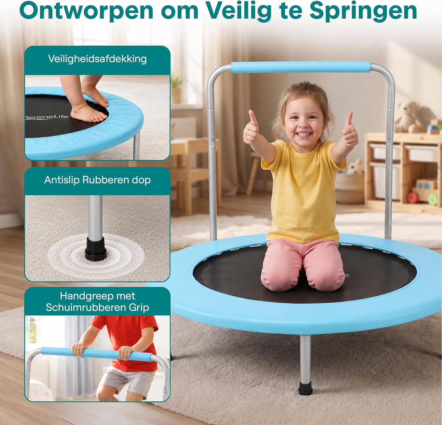 Detalle de SereneLife SLELT367 opvouwbare fitnesstrampoline, rond, met schuimhandgreep