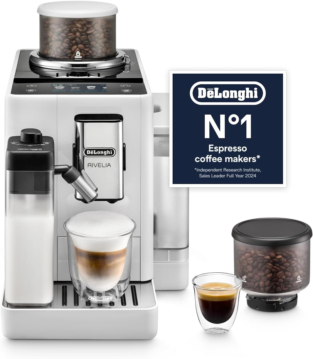 Detalle de De'Longhi RIVELIA EXAM440.55.W: Fully Automatic Espresso Machine with LatteCrema, 22+ Beverages and Twin Bean Hoppers (UK edition)