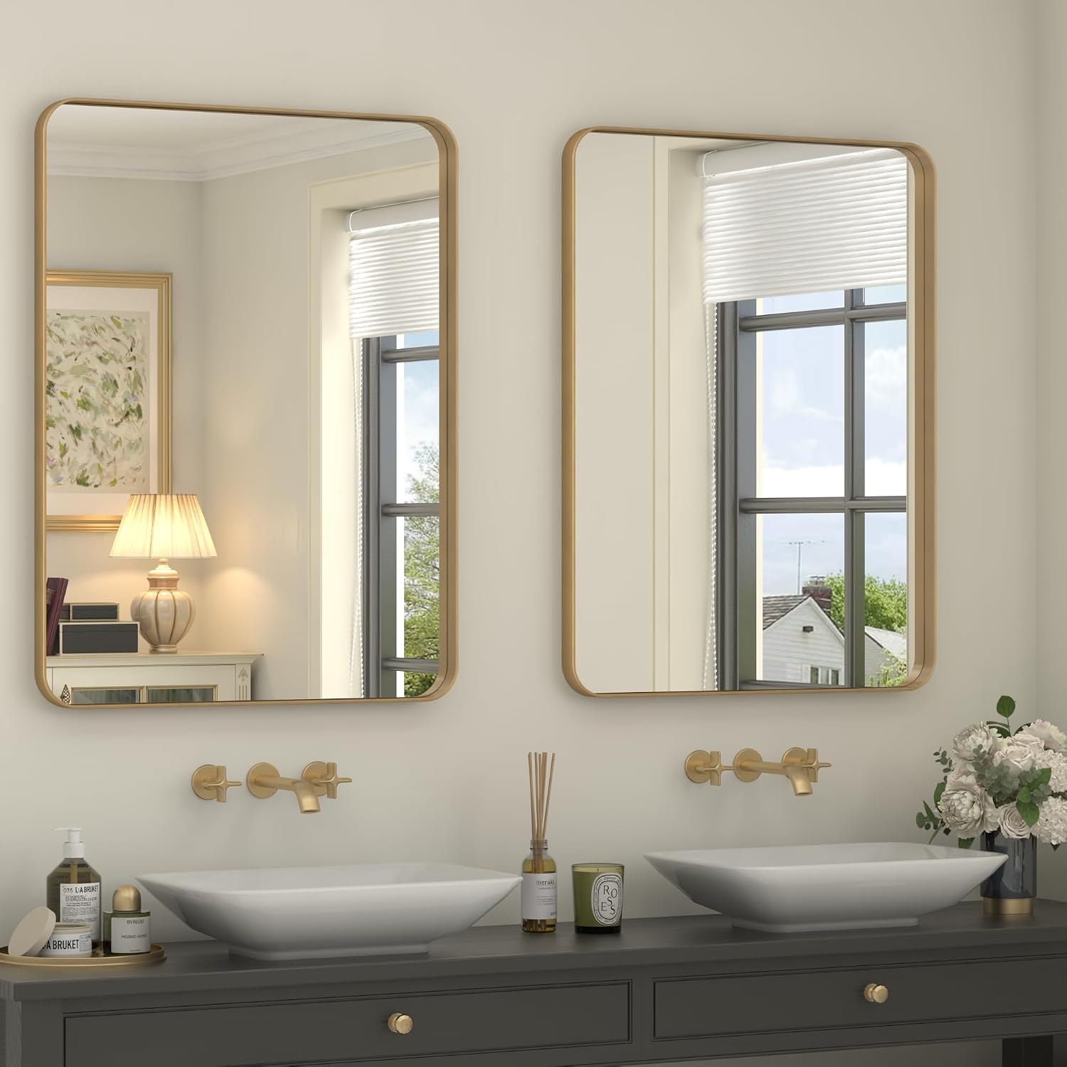 Detalle de CHARMOR 2 Pack 22x30 Gold Bathroom Mirror with Brushed Aluminum Frame