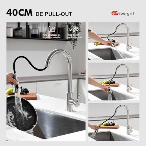 Thumbnail 6 de Ibergrif M22137 grifo de cocina extraíble con manguera, giro 360° y 3 modos de agua