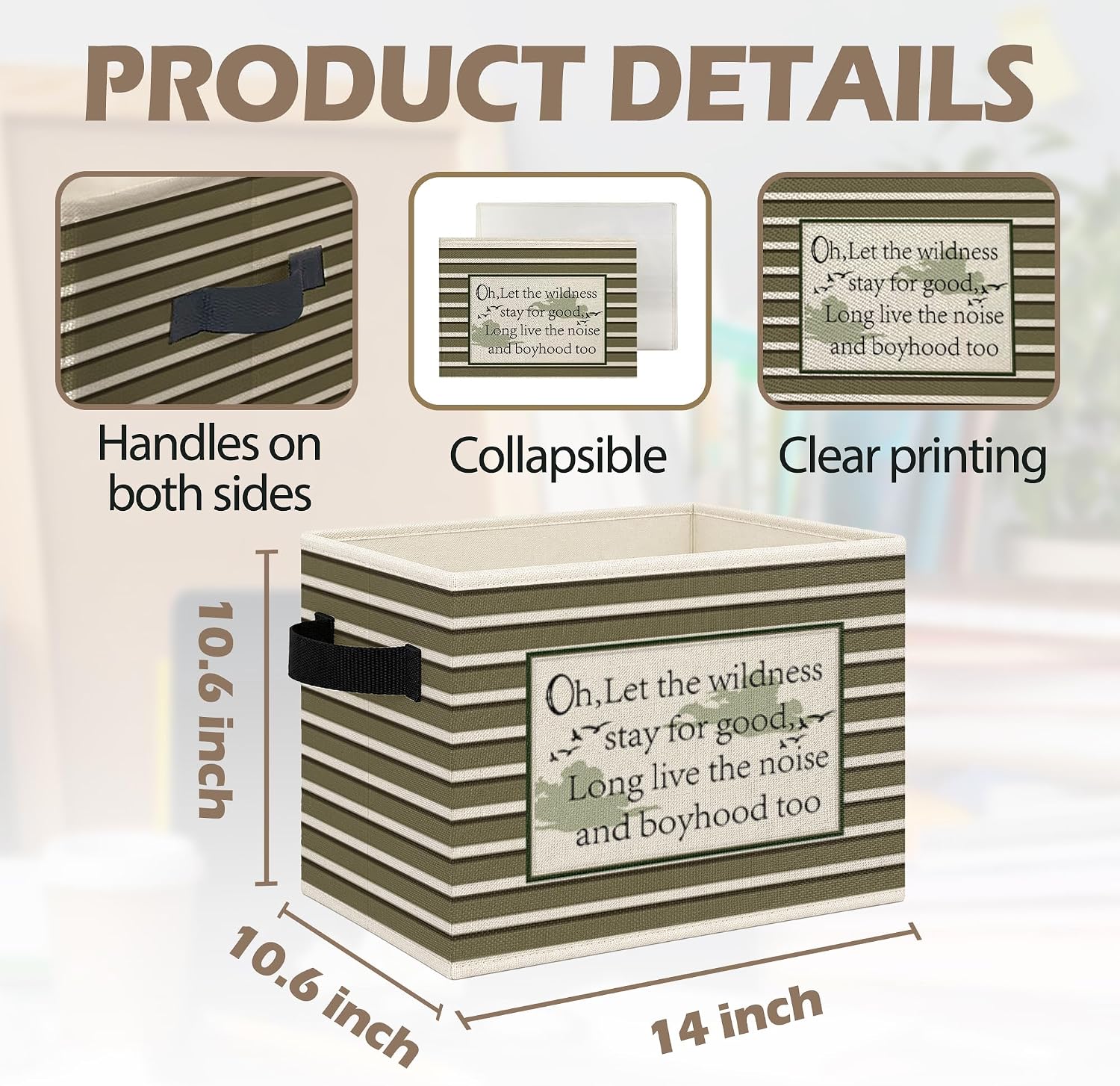 Thumbnail 6 de Mcehtle Green Striped Collapsible Storage Bin with Handles, 14 x 10 x 10 Inches