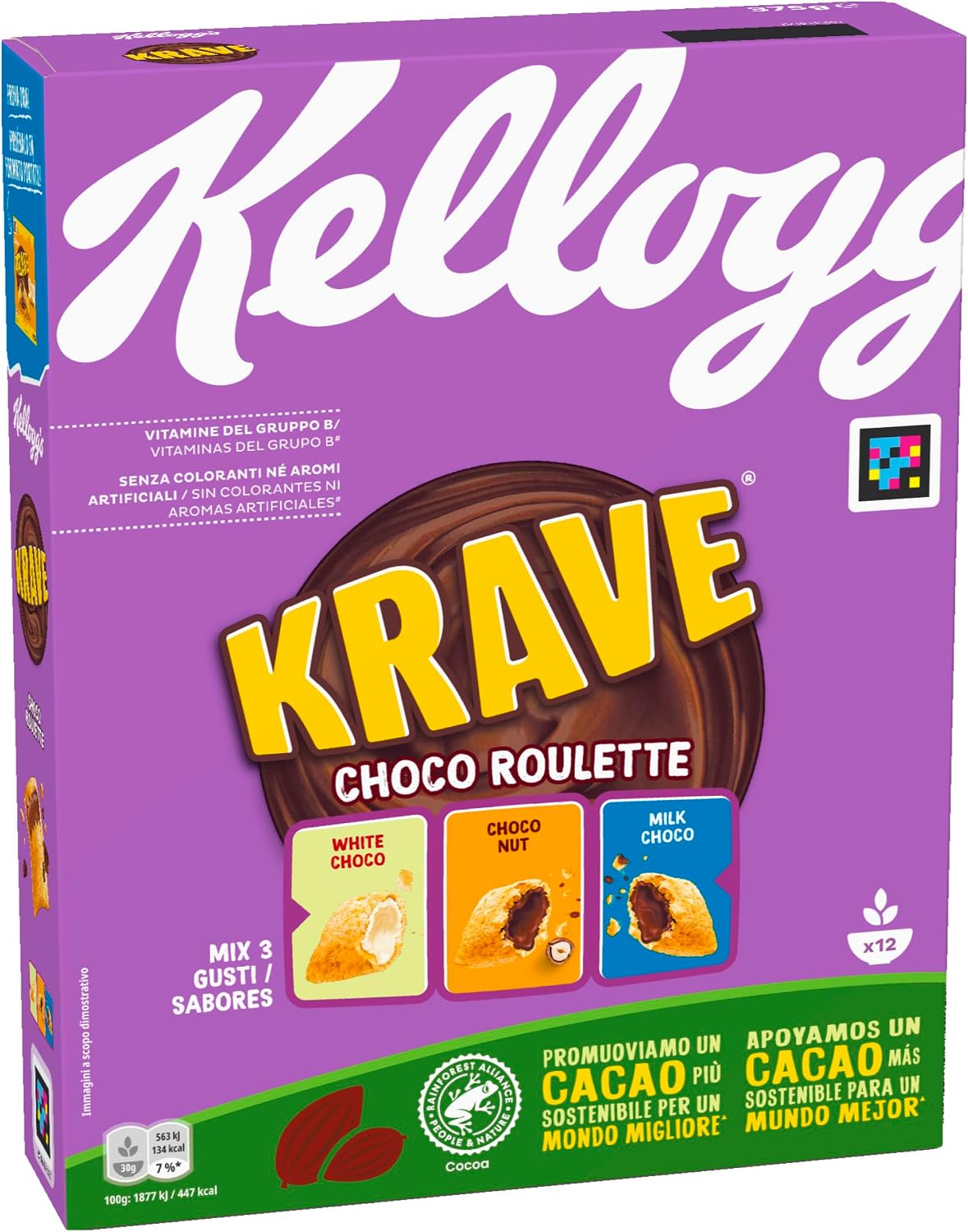 Detalle 1 de Kellogg's Krave Roulette – Gusto nocciola, cioccolato bianco e al latte, confezione da 375 g