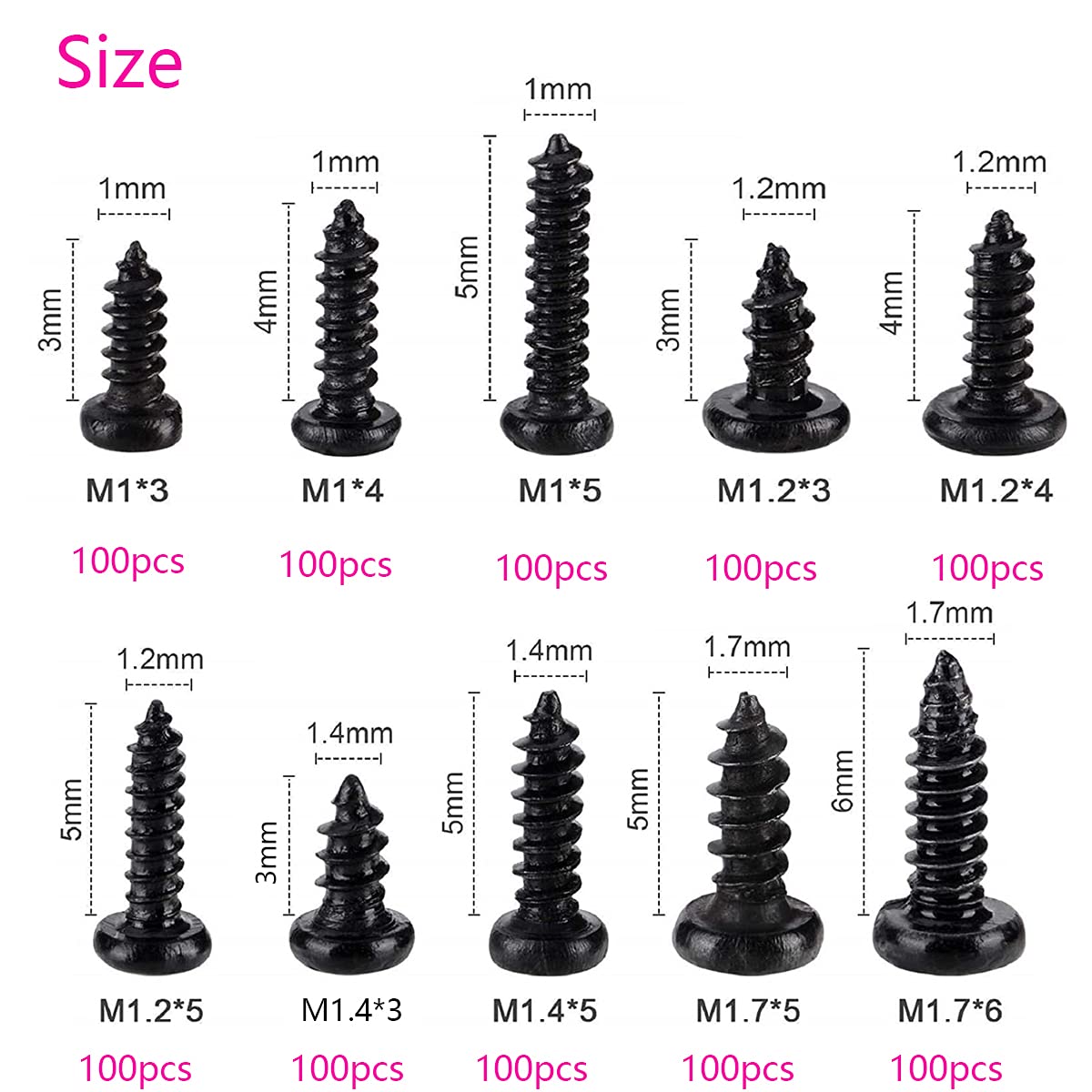 Thumbnail 1 de TAIANJI 1000 Pcs Micro Screws Set – M1 to M1.7 in 10 Sizes, Black