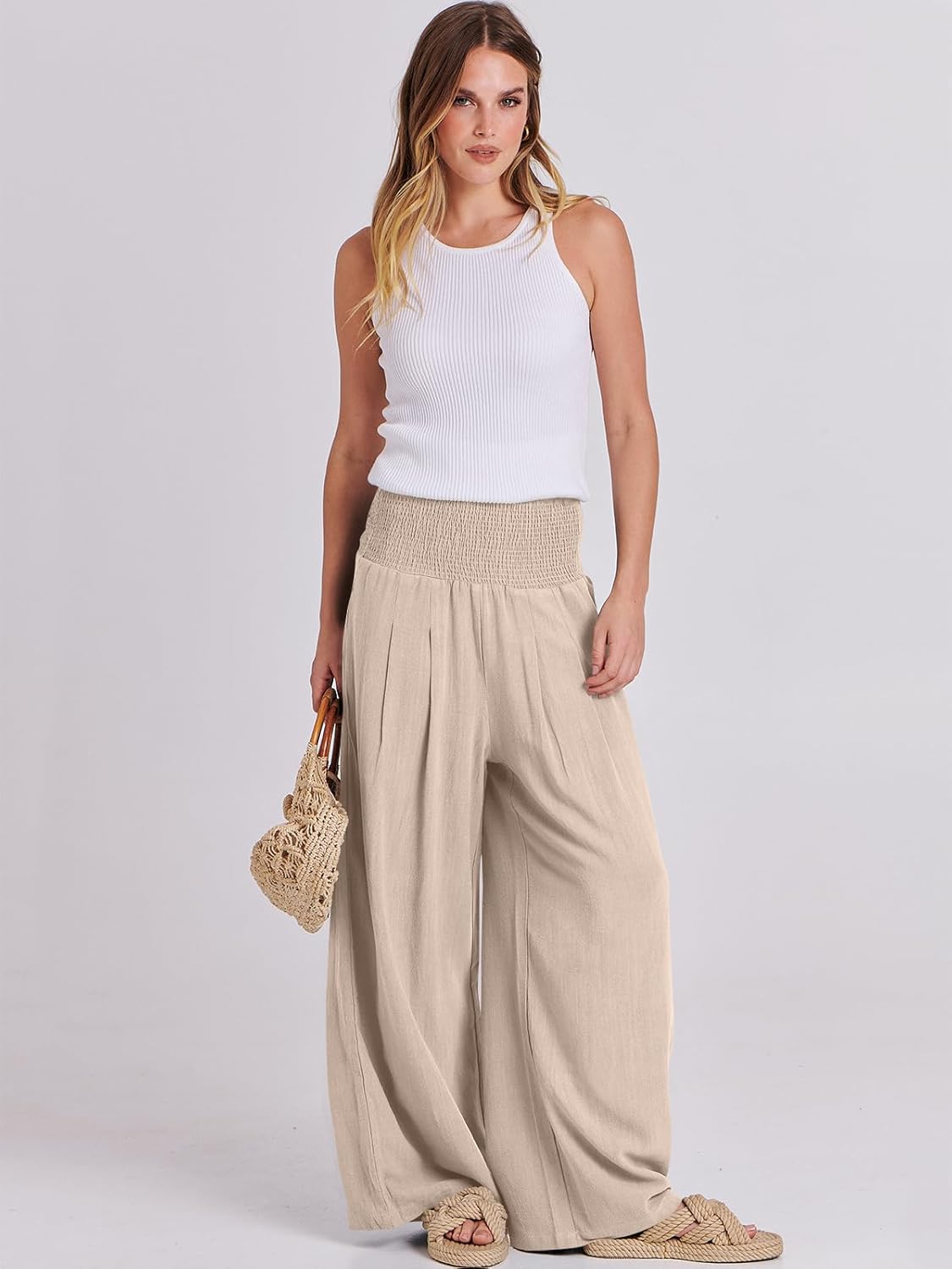 Thumbnail 5 de ANRABESS Women’s Linen Palazzo Pants with Shirred High Waist and Pockets