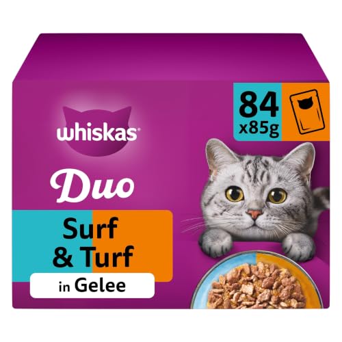 Detalle de Whiskas Adult 1+ Tasty Duo Surf & Turf in Gelee – Nassfutter für ausgewachsene Katzen, 84 x 85 g