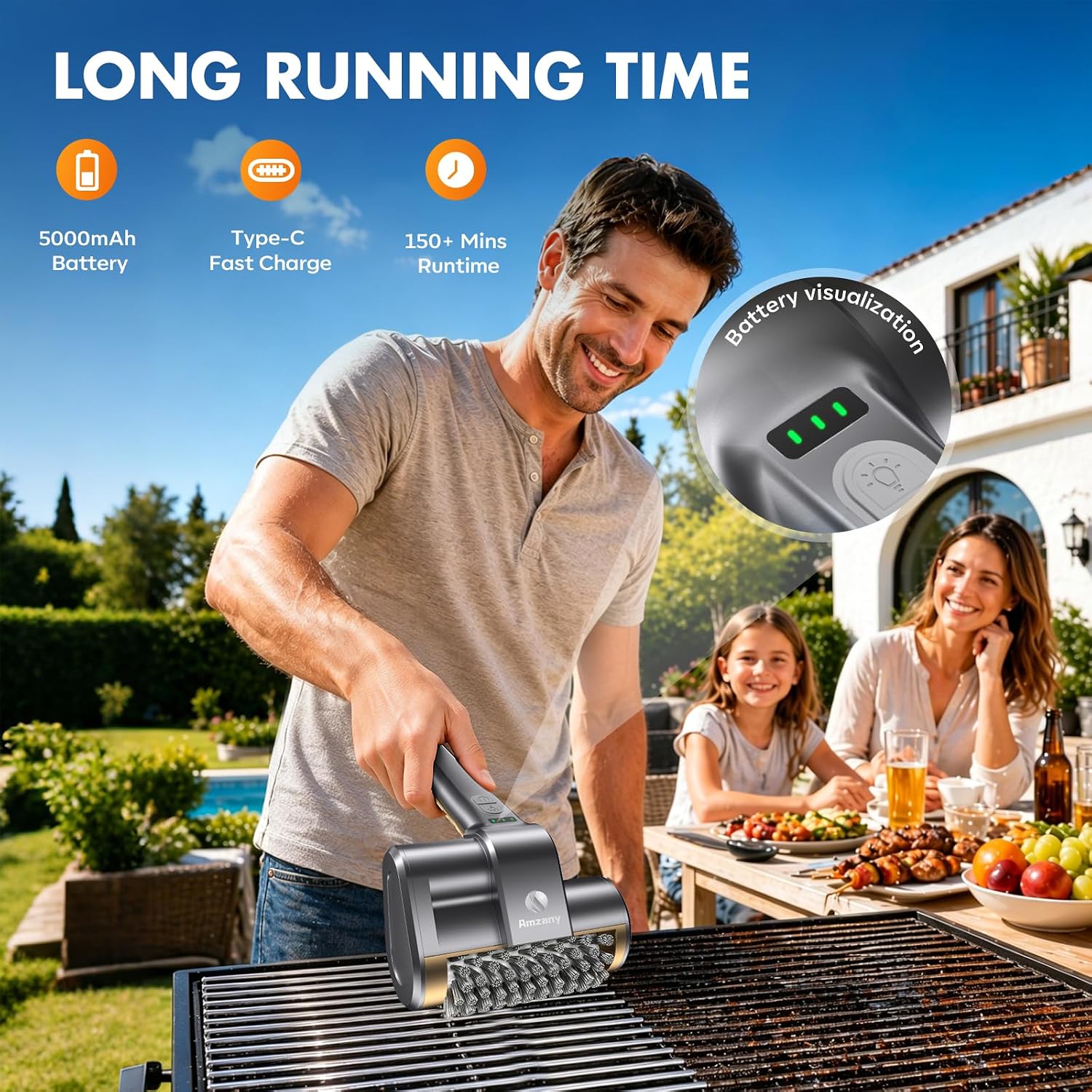 Detalle de Amzany electric grill brush with 3 replaceable heads