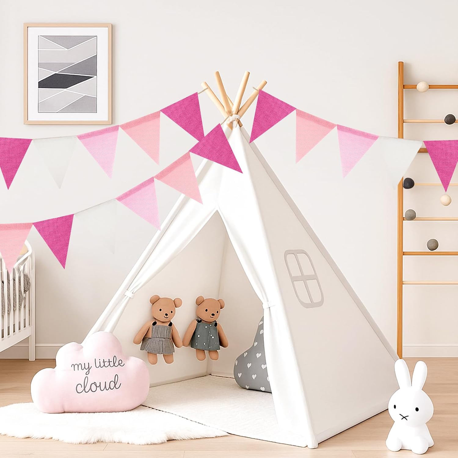 Detalle 2 de jijAcraft 36PCS Pink Burlap Bunting with 12M Pre-strung Hessian Banner