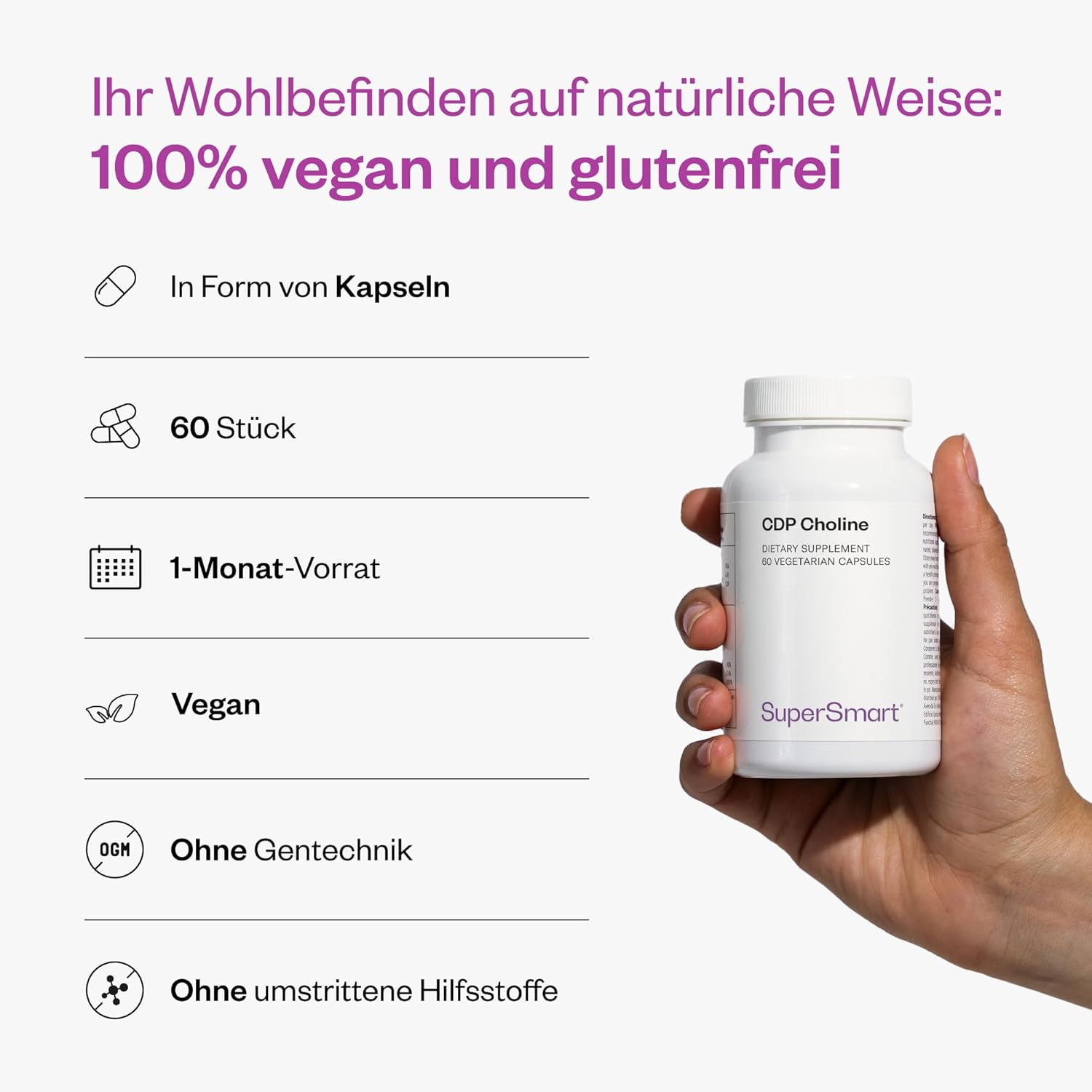 Thumbnail 4 de SUPERSMART CDP Cholin (Cognizin®) – geschützte Cholin-Patent-Formel für bestmögliche Bioverfügbarkeit, vegan geeignet