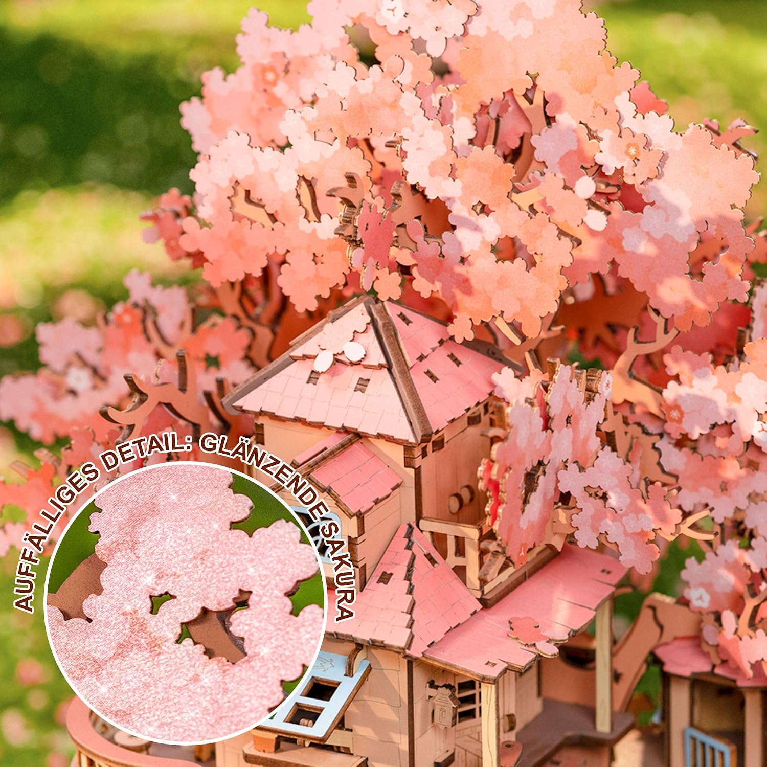 Detalle de Rolife Sakura Baumhaus – 3D-Puzzle aus Holz, 535 Teile, glitzernde Kirschblüten