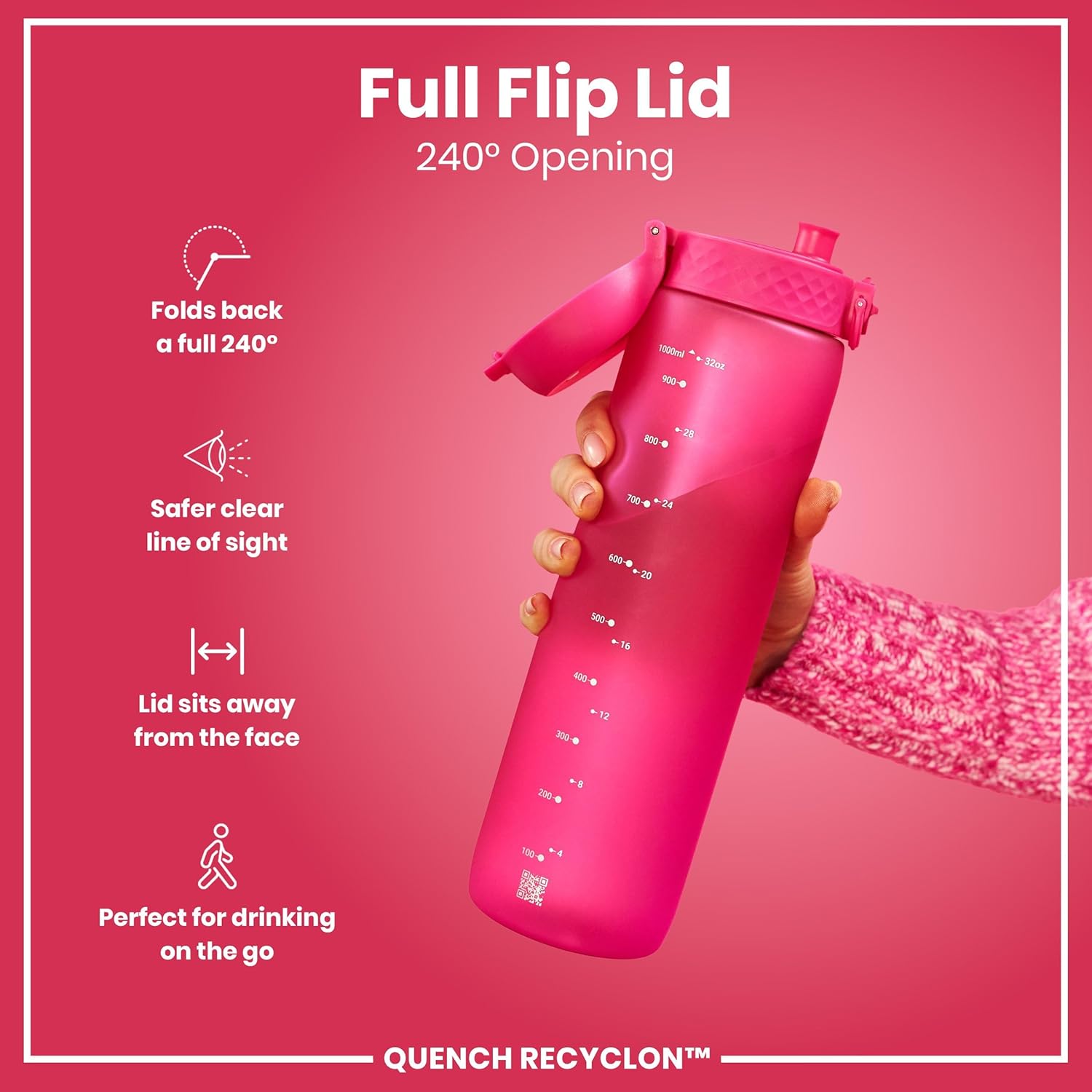 Thumbnail 3 de Ion8 1 Litre Water Bottle with Times to Drink – Leak-Proof, Flip Lid, BPA Free, 32 oz (White)