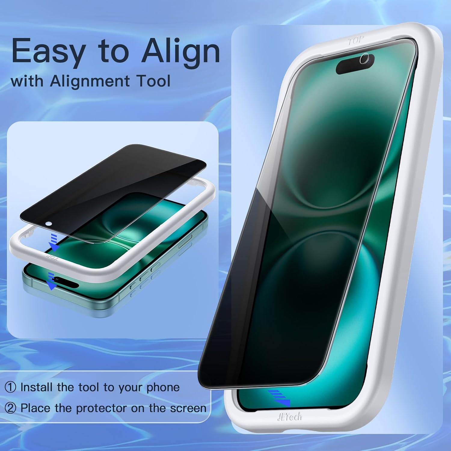 Detalle 2 de JETech 1325- Privacy Screen Protector for iPhone 16 Plus, 2-Pack, 9H Glass