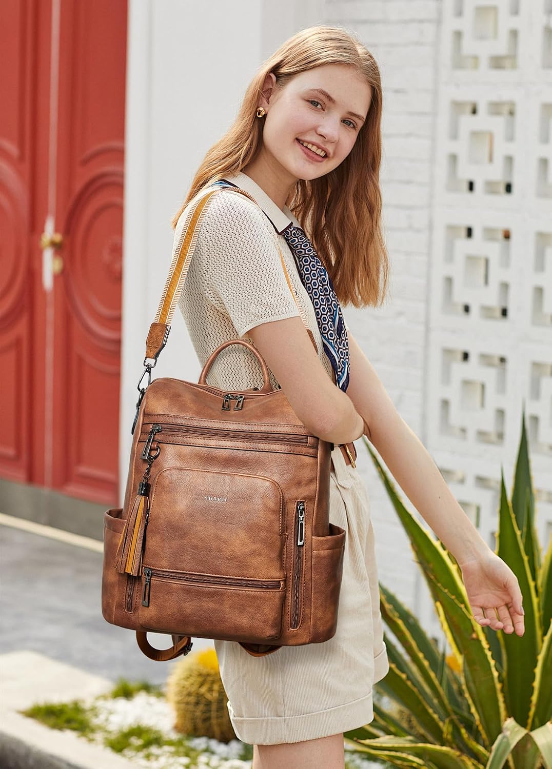 Detalle de Shrrie Vegan Leather Laptop Backpack for Women (15.6-inch) — Waterproof Work, Travel & College Bag