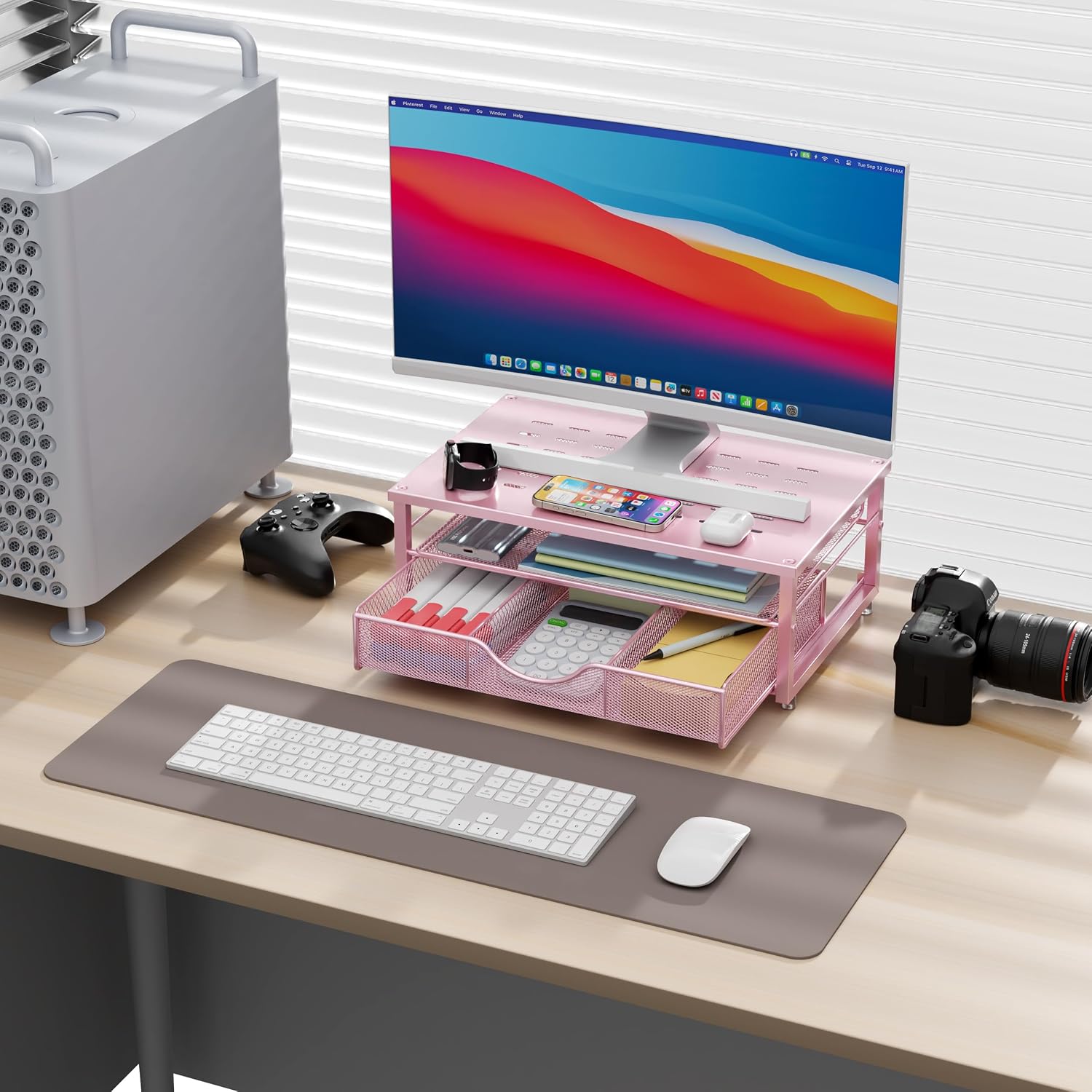 Thumbnail 1 de Pygocereri Monitor Stand Riser with Drawer (Pink) – Desk Organiser & Ventilated Steel, for Monitors, Laptops and Printers