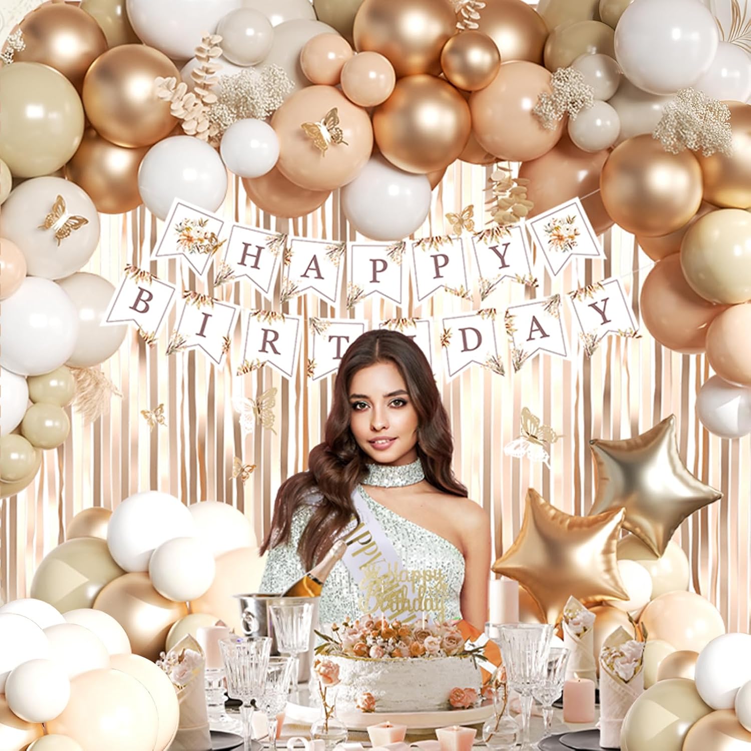Thumbnail 5 de Geburtstagsdeko Beige Champagner Gold Set mit Happy Birthday Banner, Schärpe, Luftballons & Deko-Vorhang
