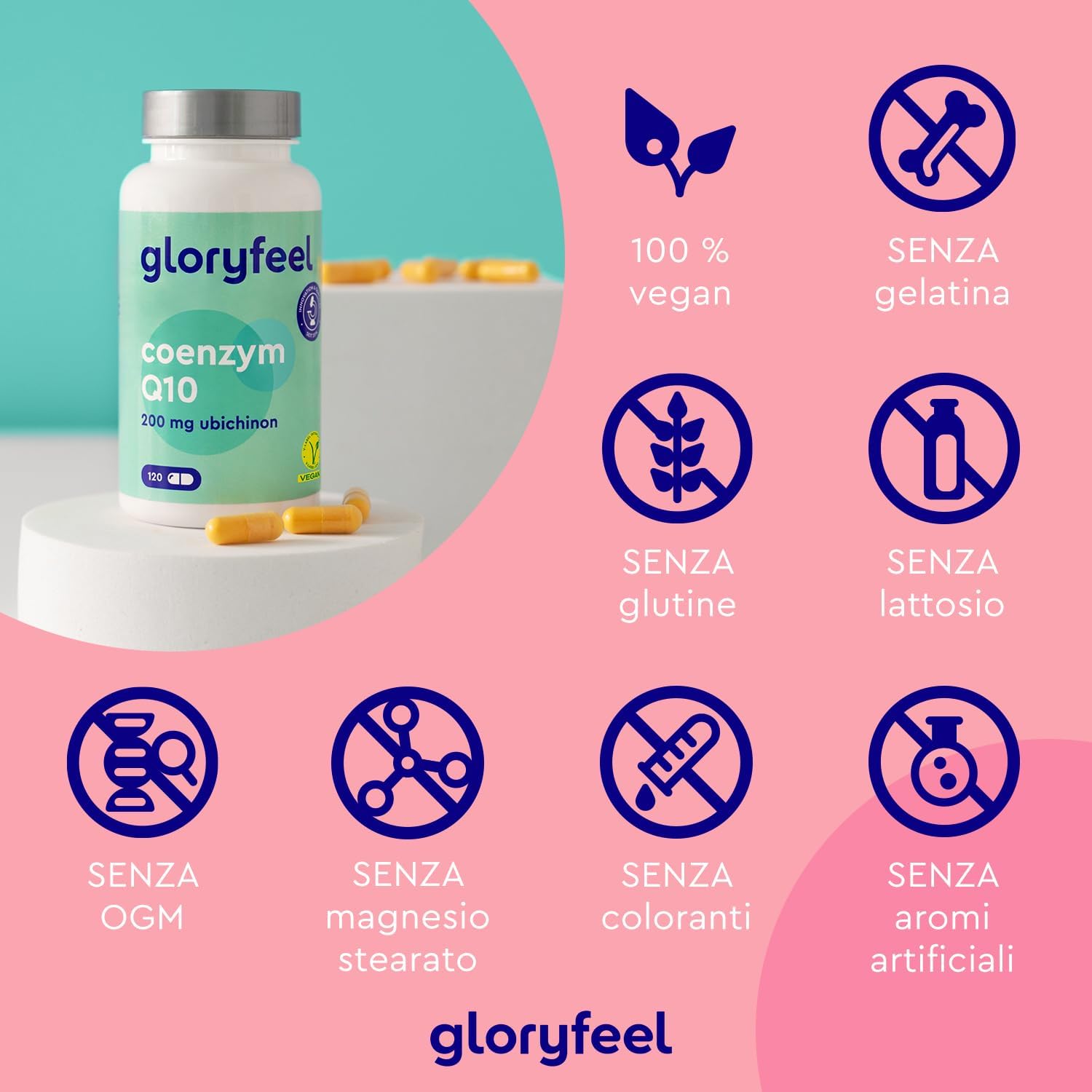 Detalle de Gloryfeel Q10 Coenzima 200 mg Puro, 120 capsule vegane (scorta per circa 4 mesi)