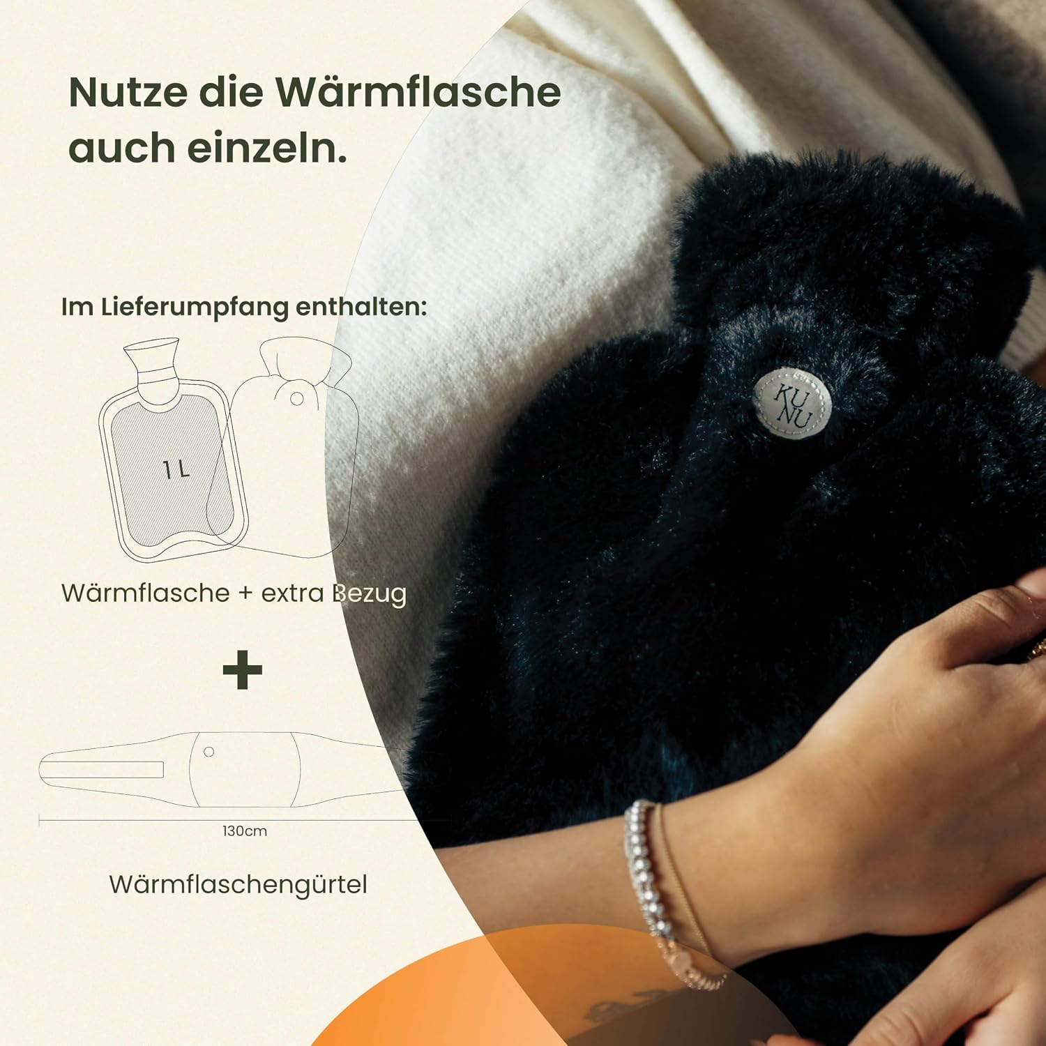 Detalle de KUNU® original Wärmflaschengürtel – Premium Wärmflasche lang mit Gürtel (130 cm) mit Geschenkverpackung