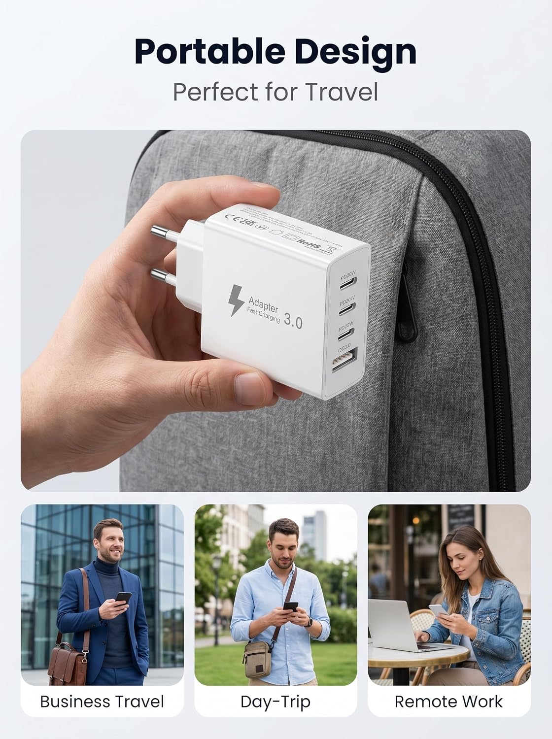 Detalle de EU Travel Adapter Charger: 50W 4-in-1 EU Plug with 3 USB-C and 1 USB-A plus 2m Nylon Cable