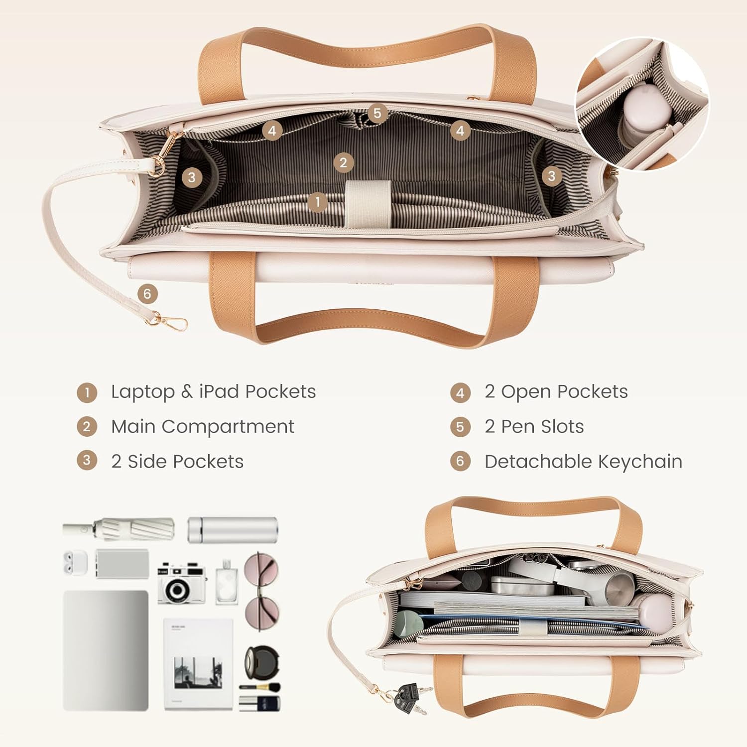 Thumbnail 2 de LOVEVOOK Sac cabas femme grande capacité pour ordinateur portable jusqu’à 15,6 pouces, imperméable, abricot