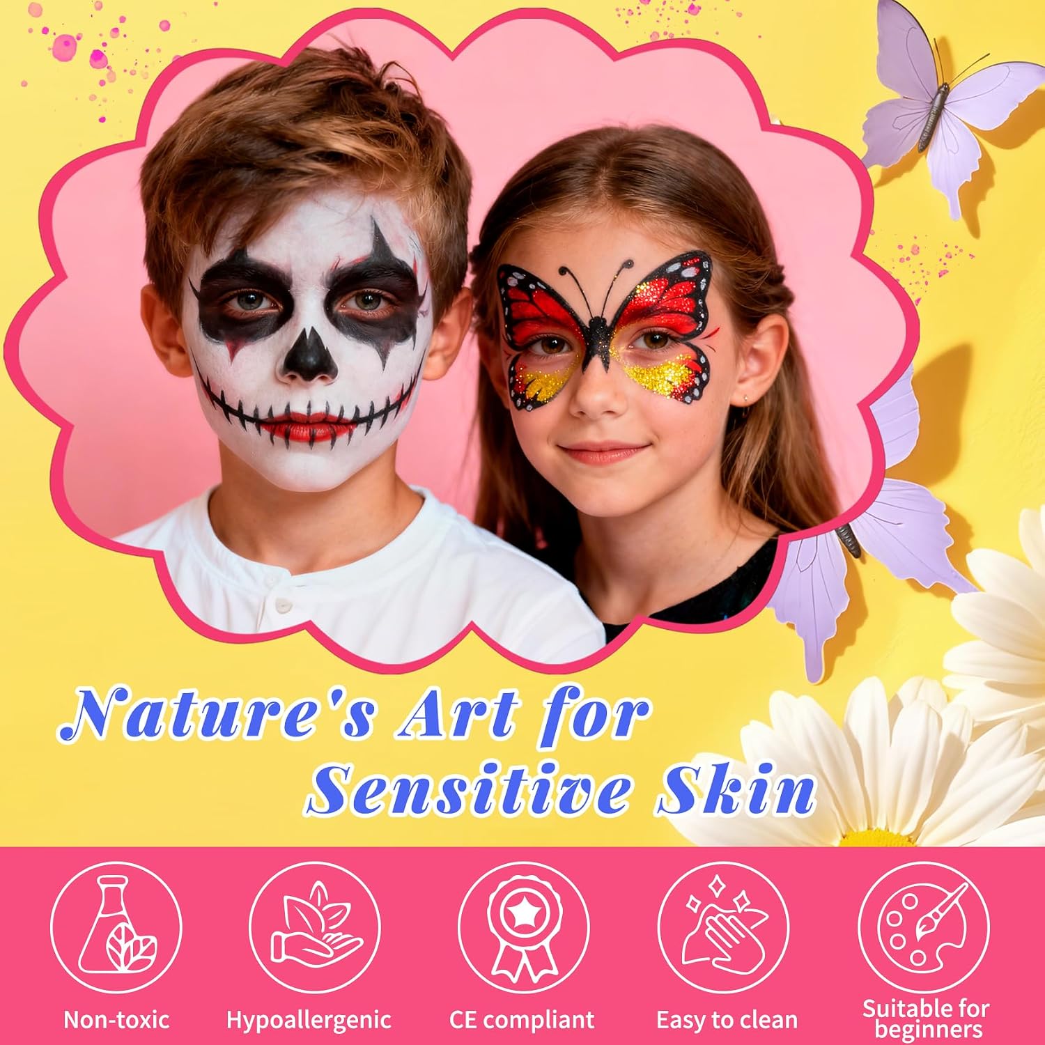 Detalle de Mekkyes Kinderschminke-Set mit 22 Farben, waschbar – inklusive Tattoos, Schablonen & Anleitung