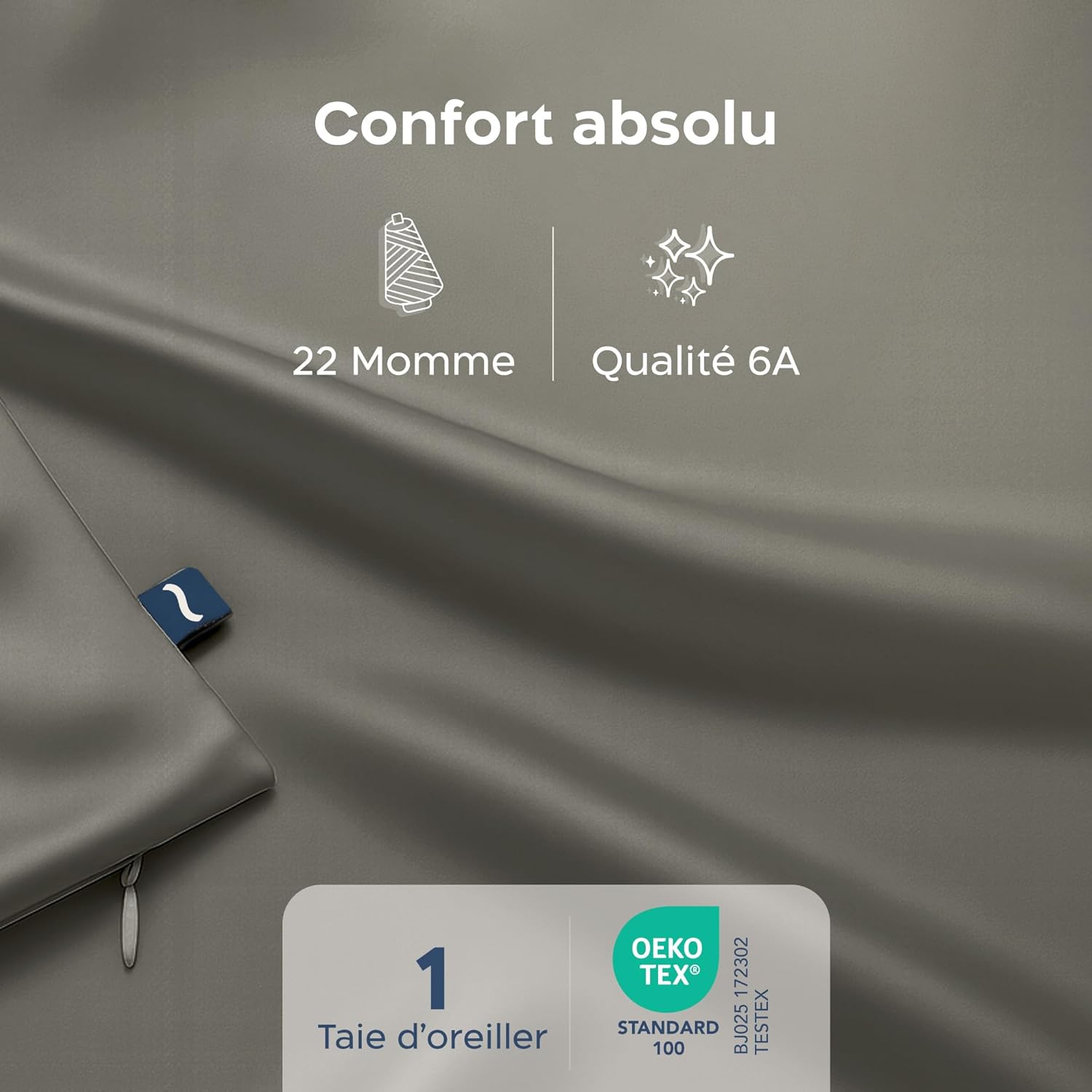 Thumbnail 1 de Twinzen Taie d’oreiller en soie 100% (Oeko-Tex) Grade 6A, 60 x 60 cm – Gris foncé, 1 unité