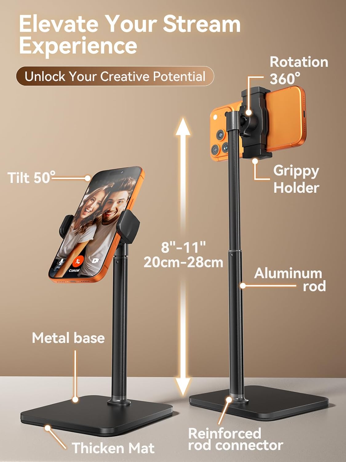 Detalle de tounee Desk Phone Stand: Height-Adjustable 8-11" for Hands-Free Recording and Streaming