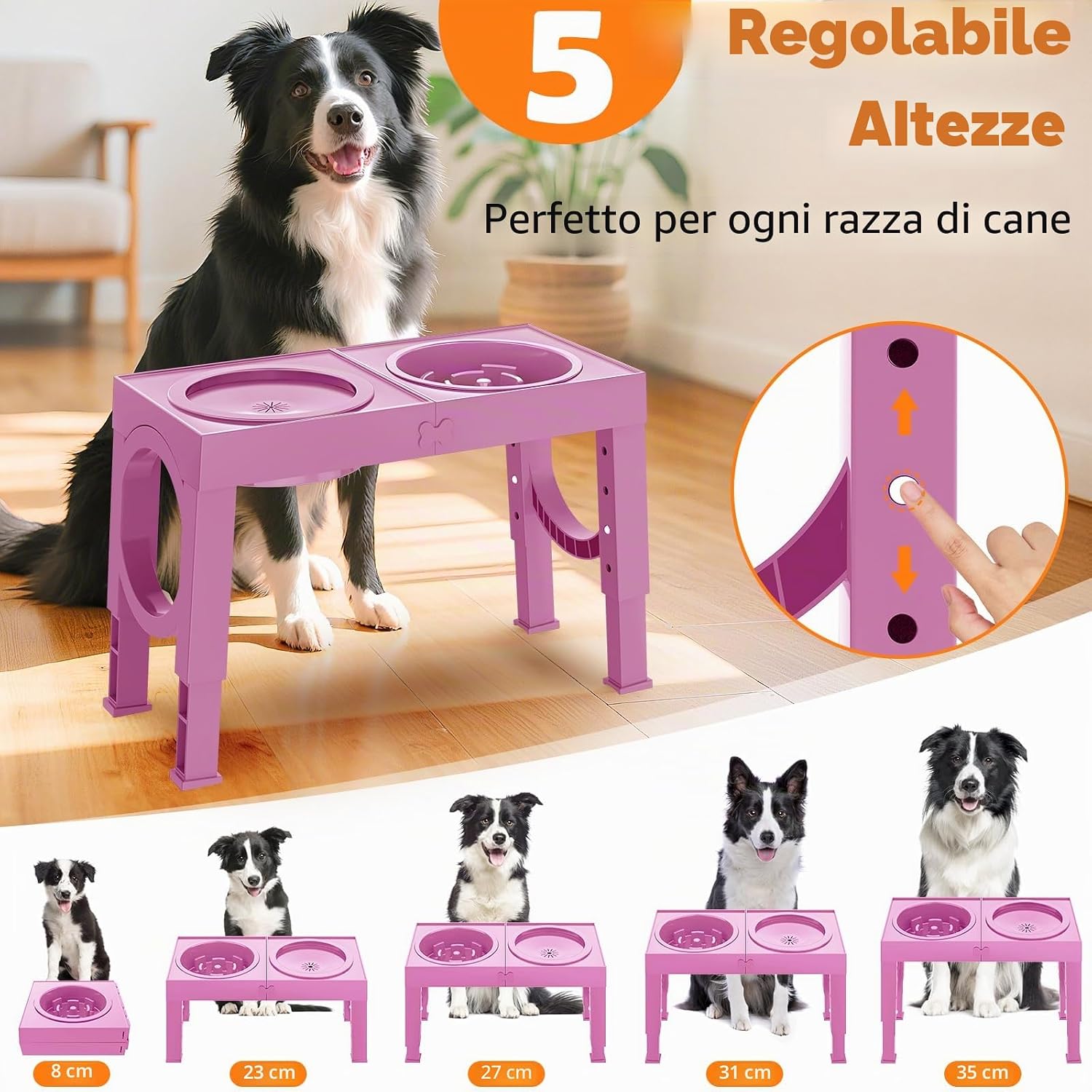 Detalle de X XBEN 3-in-1 Ciotole per Cani Rialzate con 5 Altezze Regolabile, 1L + 1,4L – Rosa