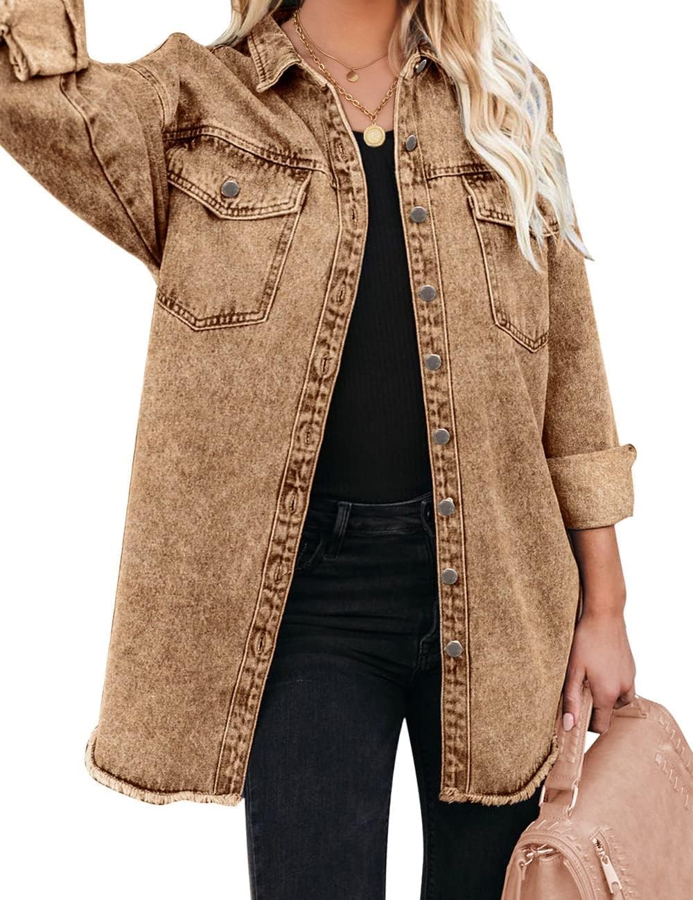 Detalle de Vetinee Women’s Oversized Frayed-Hem Button-Up Shacket Denim Jacket with Pockets