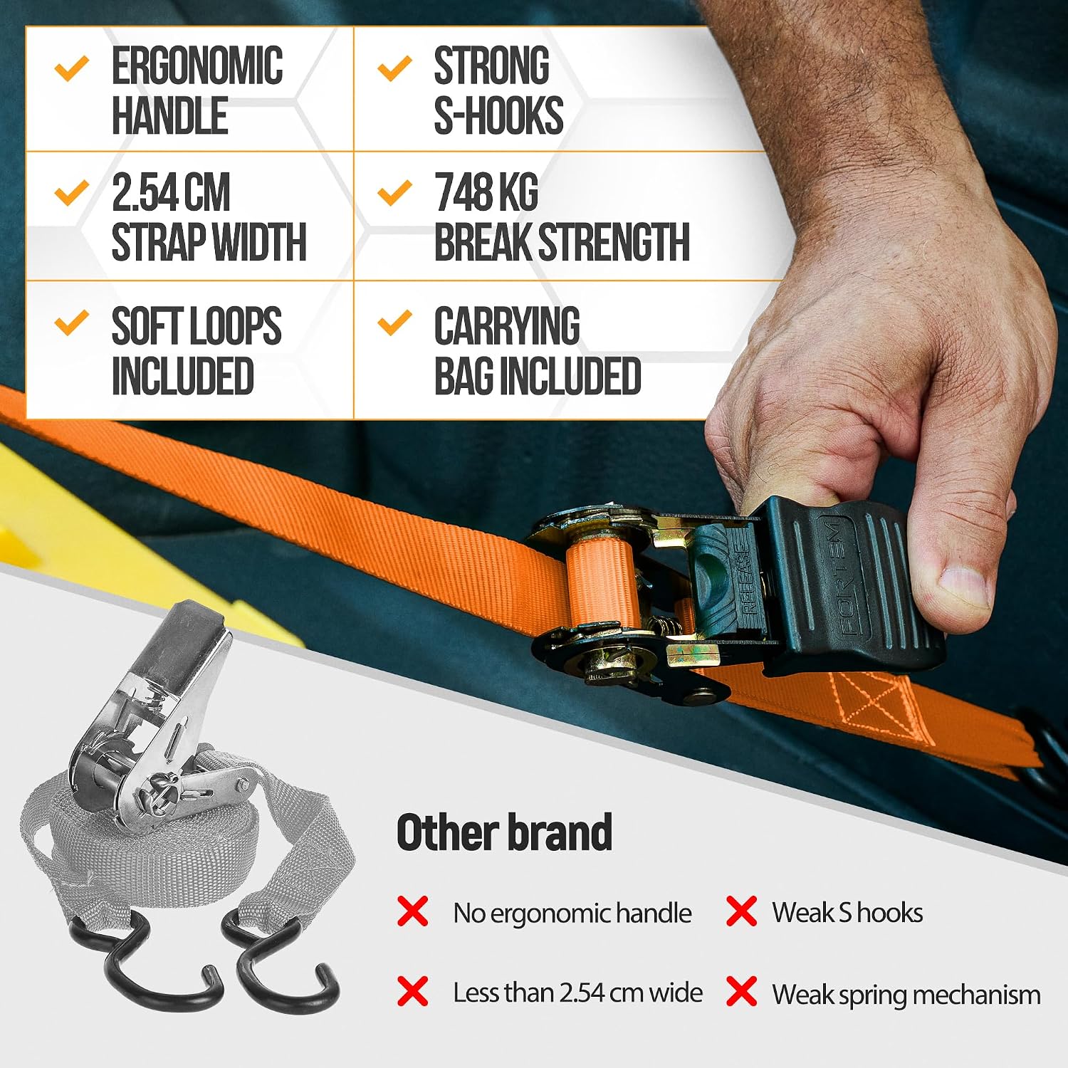 Thumbnail 6 de FORTEM Ratchet Straps 748kg Break Strength, 4 Pack (4.6m x 2.54cm) with Soft Loops and Carry Bag