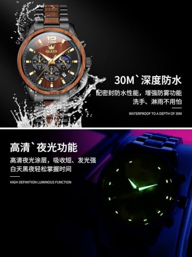 Thumbnail 6 de OLEVS Montre chronographe Homme à Quartz Japonais – Bracelet Bois Massif ou Acier Inoxydable, 30 m – Bois de Santal Rouge 3645