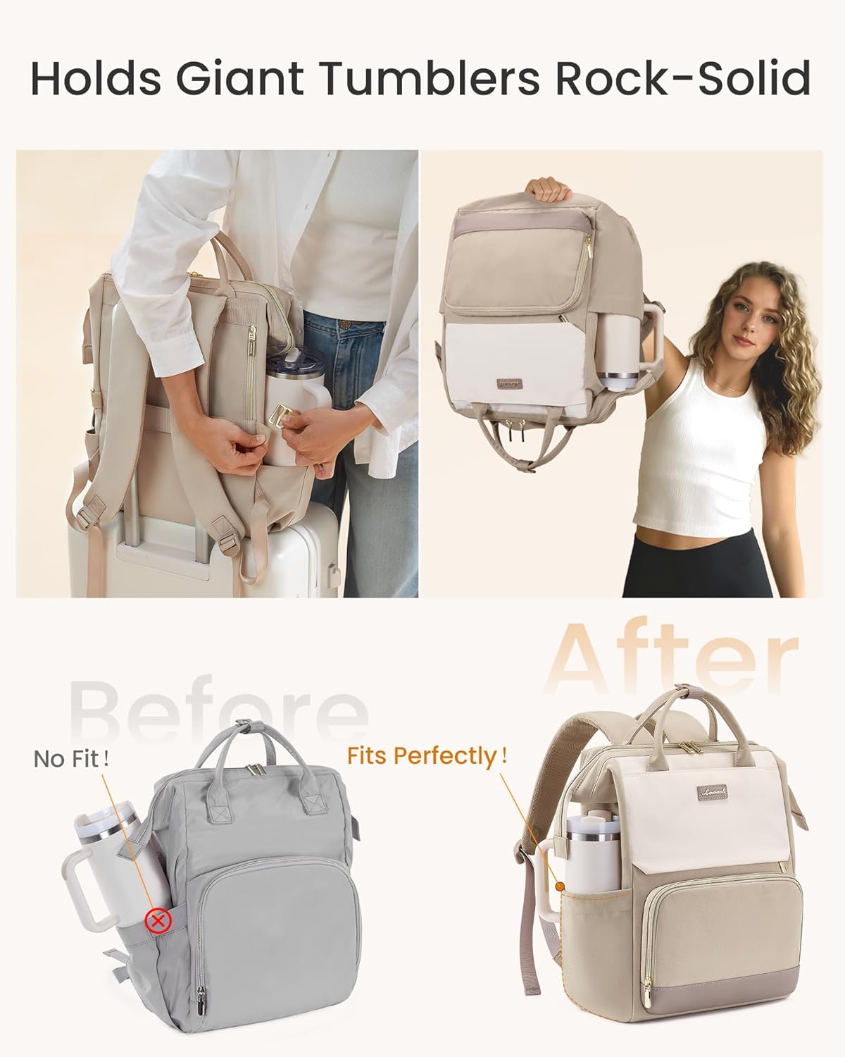 Detalle de LOVEVOOK Rucksack Damen für 15,6" Laptop – Schulrucksack mit Trinkflaschen-Fach und offenem Hauptfach