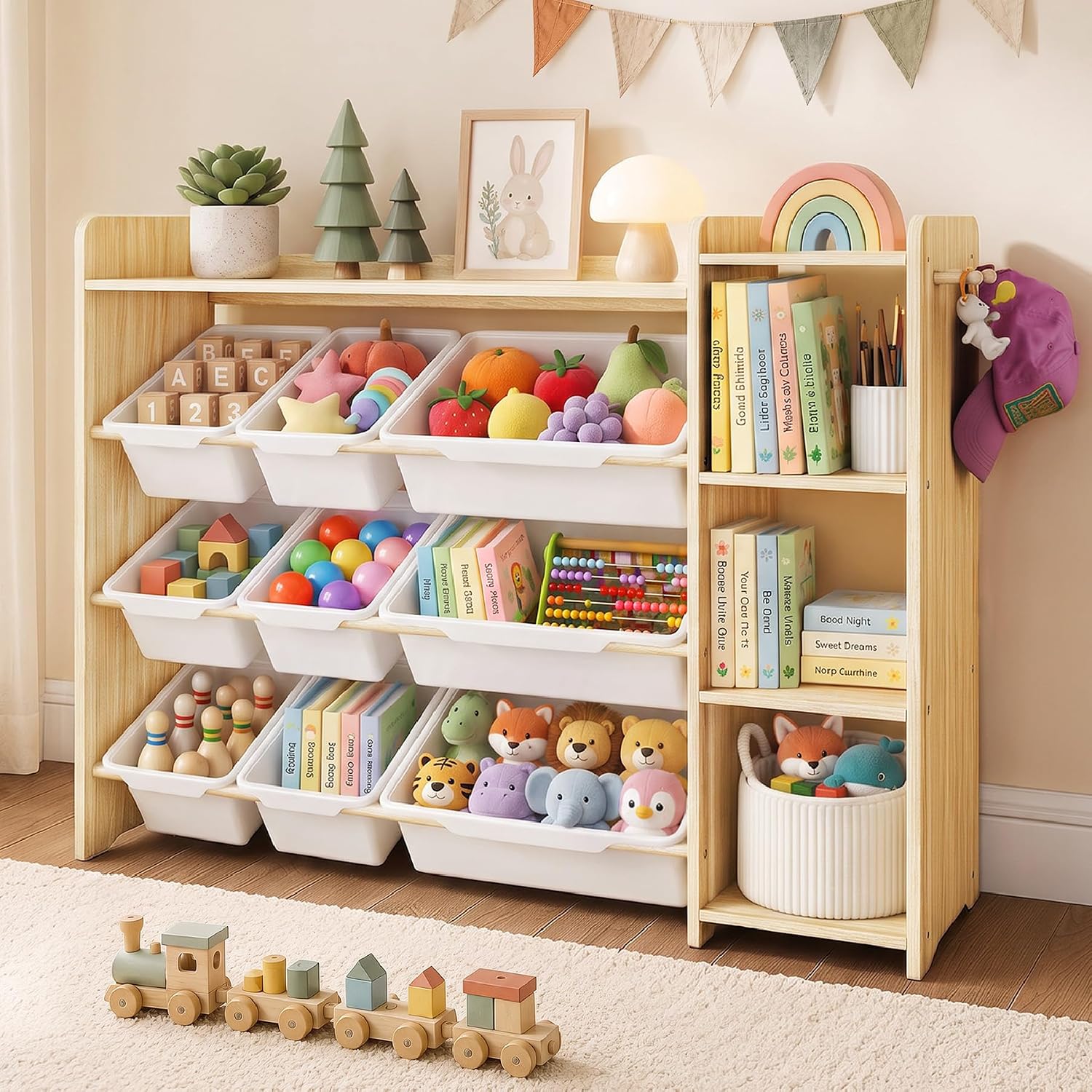 Detalle de GITAWUSA Kids Toy Storage Organizer, 3-Tier Shelf with 9 Bins, White and Natural Wood
