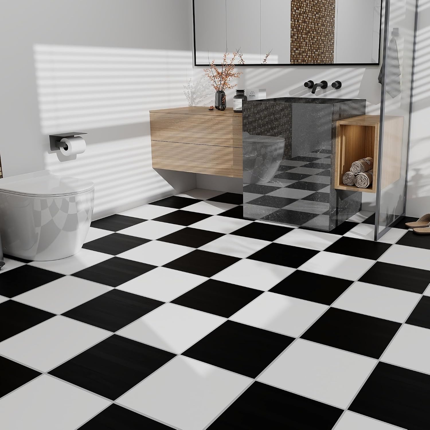 Detalle de Vinyl Flooring Roll 30cm x 5m: Laminate Black and White Marble Peel & Stick