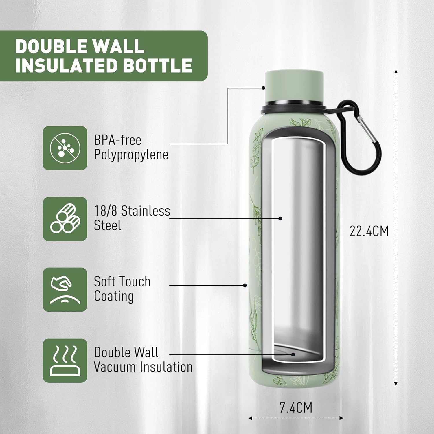 Thumbnail 2 de Exllena Insulated Water Bottle 500ml with Clip (Double Wall Vacuum Flask) – Floral