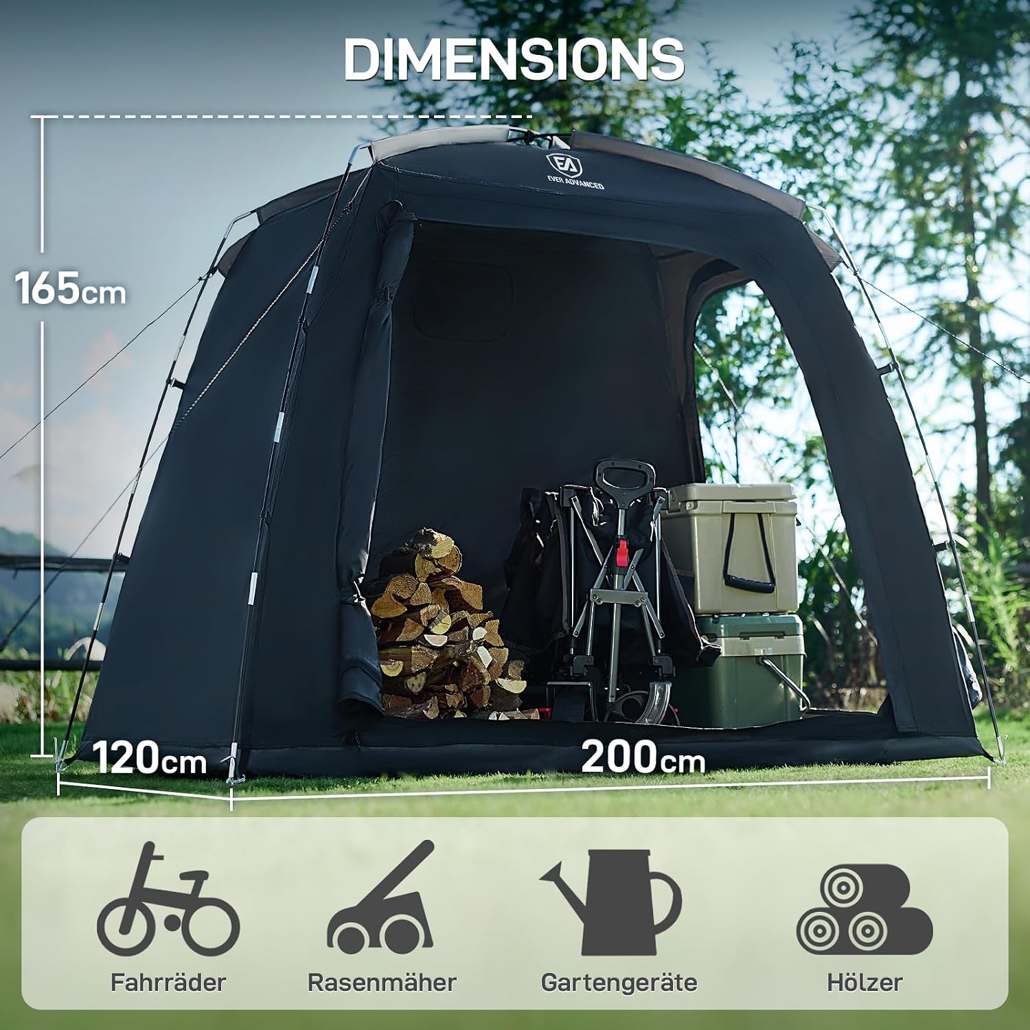 Detalle de Ever Advanced Fahrradzelt für 2–3 Fahrräder – kompakte, wetterfeste Fahrradgarage 200×120×165 cm