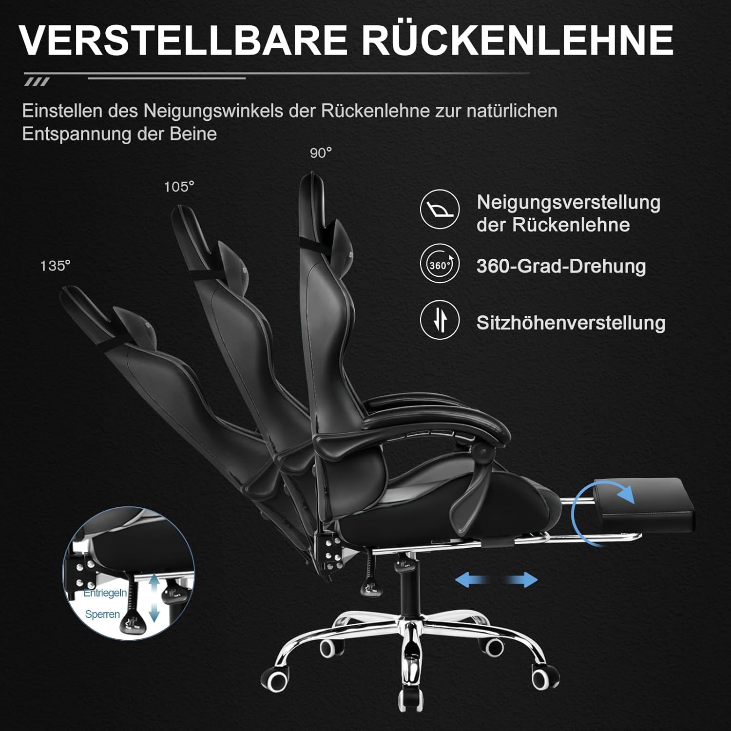 Thumbnail 5 de GTPLAYER Gaming-Bürostuhl mit Massage-Lendenkissen, Kopfstütze und Fußstütze (bis 150 kg) – schwarz