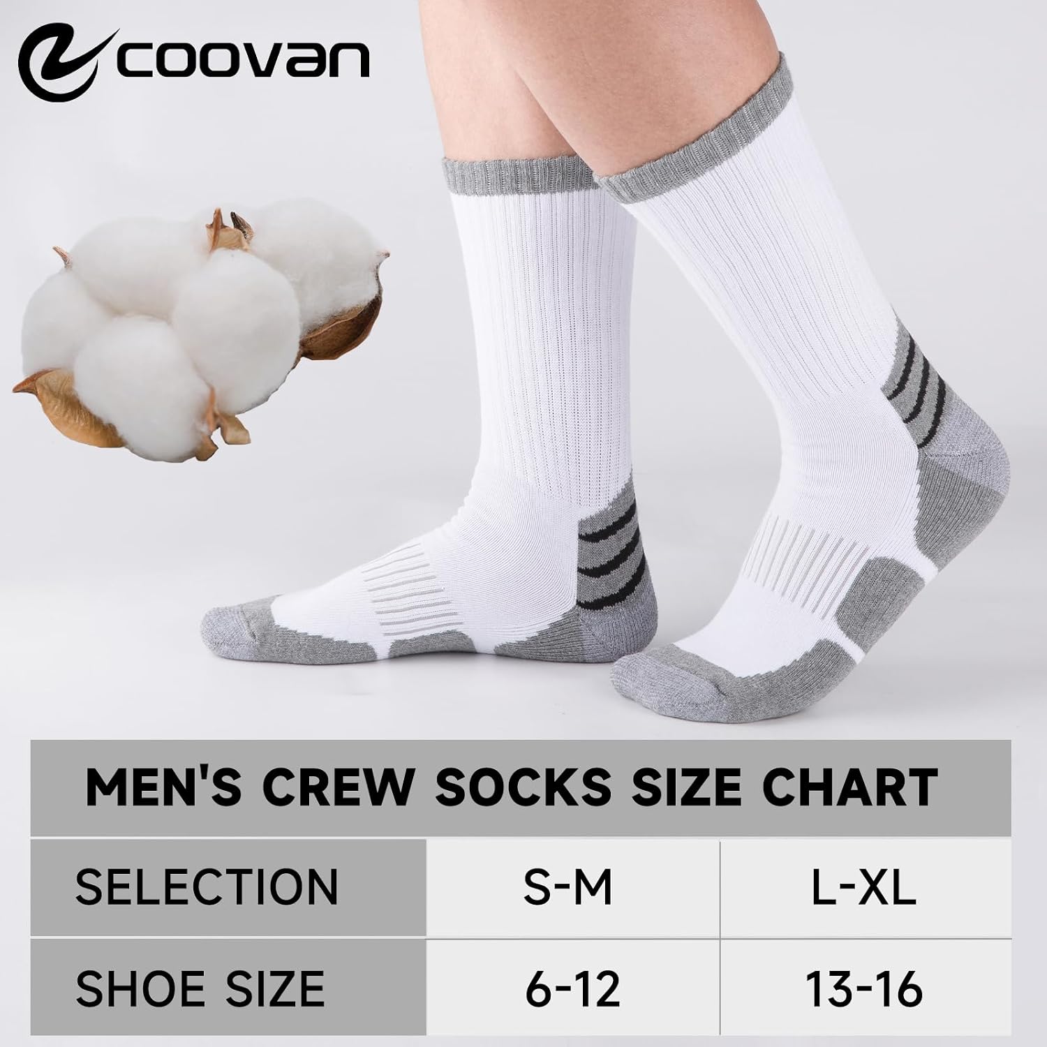 Detalle 2 de COOVAN Men's Cotton Crew Socks, 6 Pairs, Cushioned and Moisture-Wicking