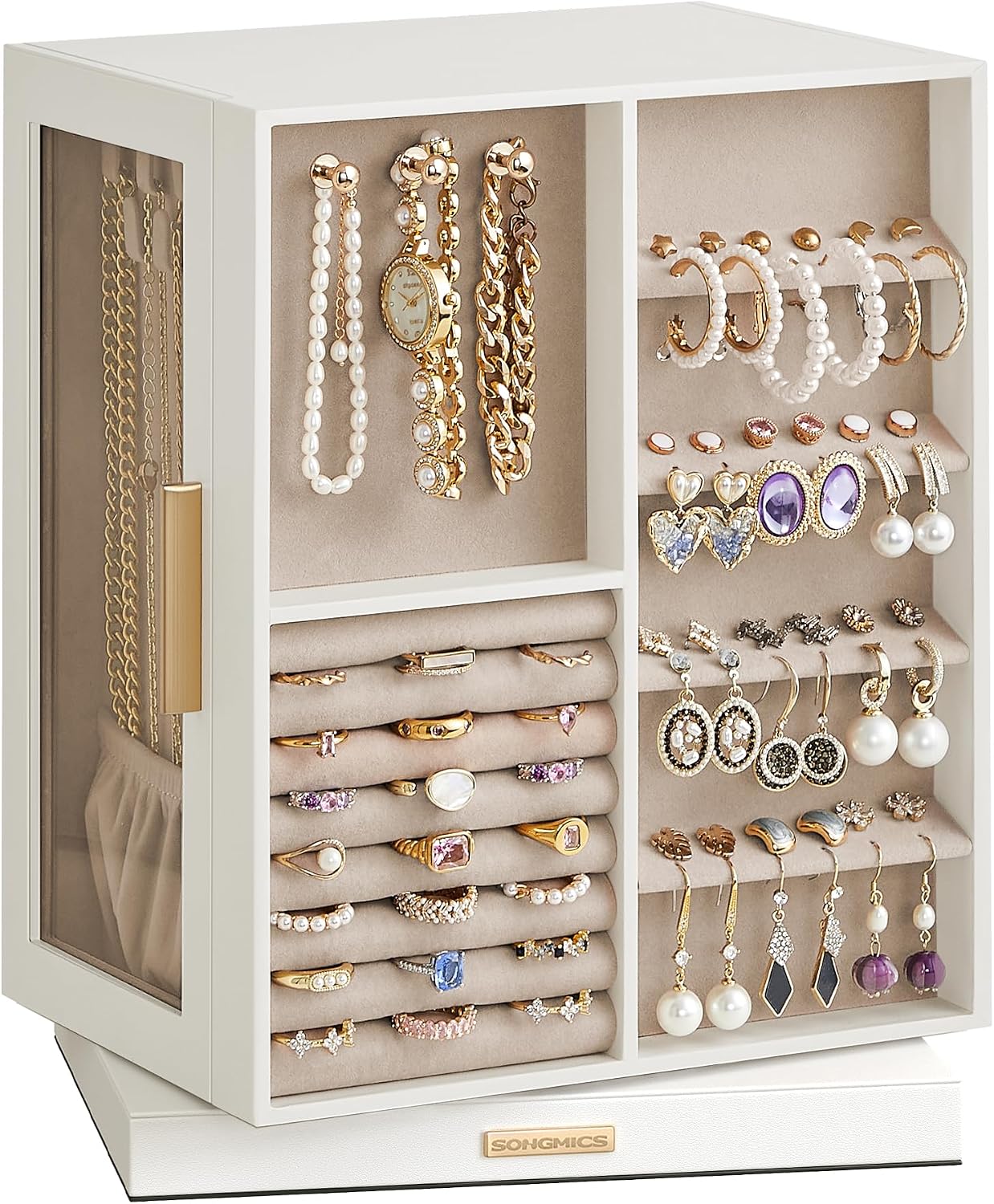 SONGMICS Colección GISELLA: Caja Joyero Giratorio 360° JBC170W01, 5 Cajones y Ventanas de Cristal