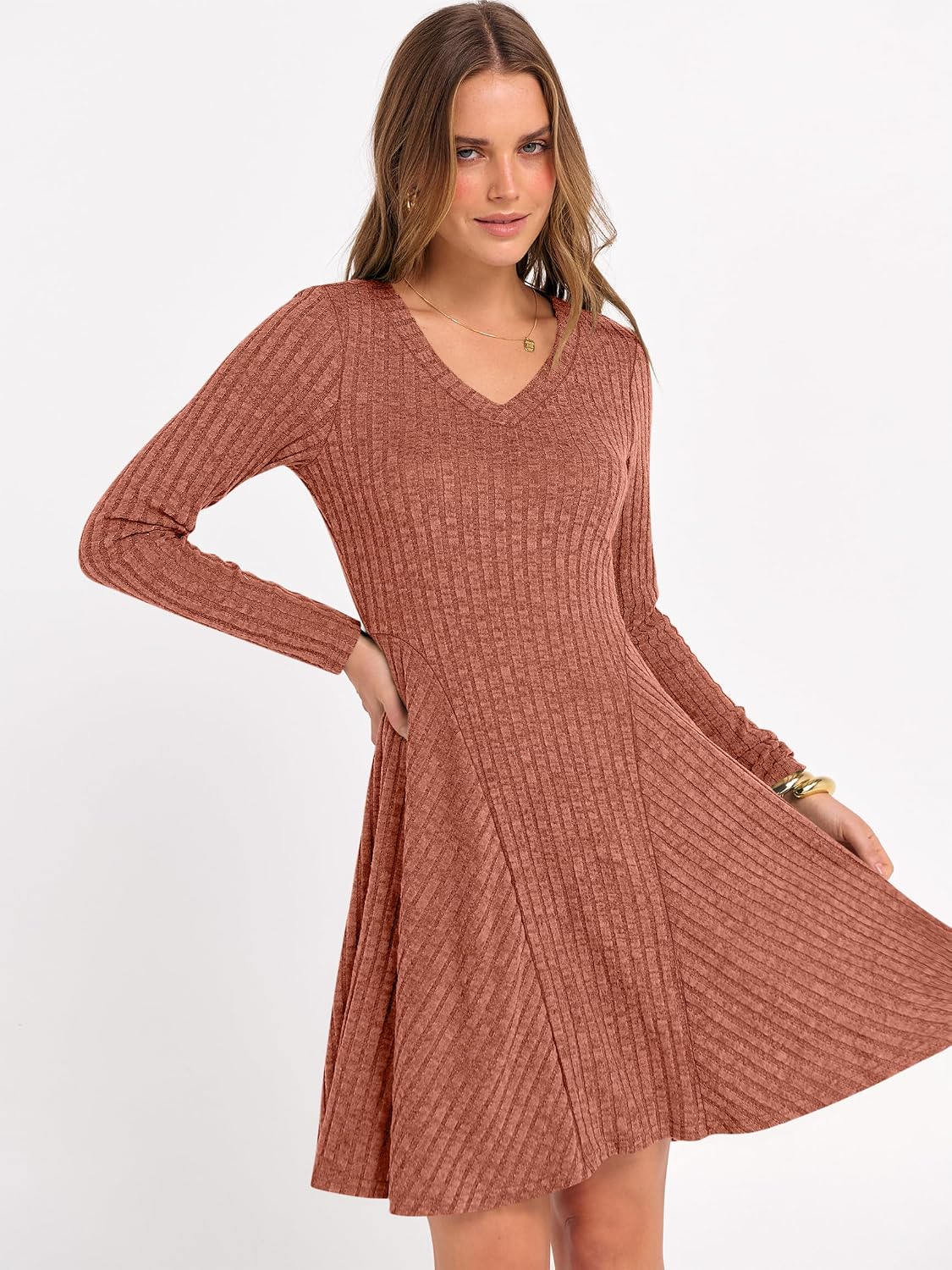 Detalle 1 de ANRABESS Knit Short Dress for Women, V-Neck, Long Sleeve, A-Line