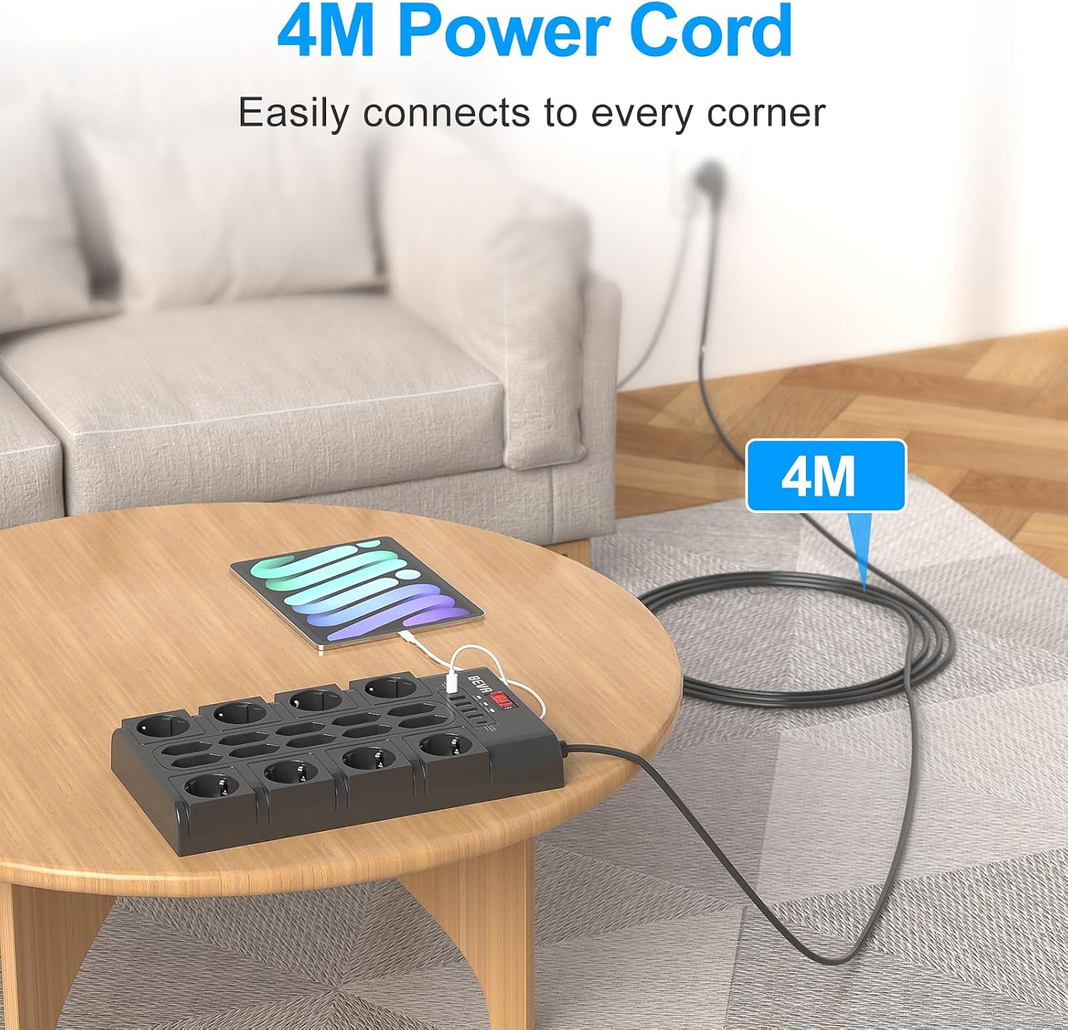 Detalle de BEVA stekkerdoos met 18 stopcontacten, 6 USB-poorten en 4 m kabel