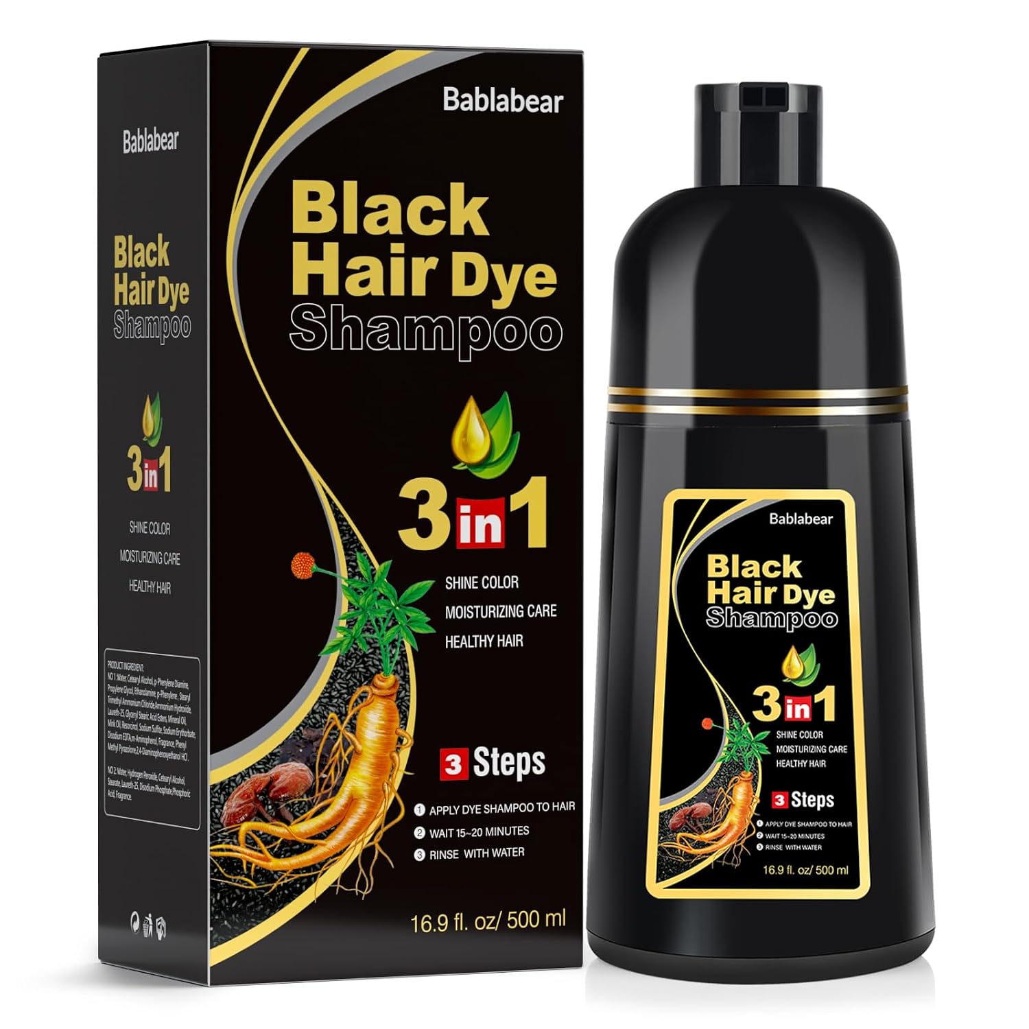 Detalle de Bablabear Haarfarbe Shampoo Schwarz 3-in-1 – Graues Haar deckend, 500 ml